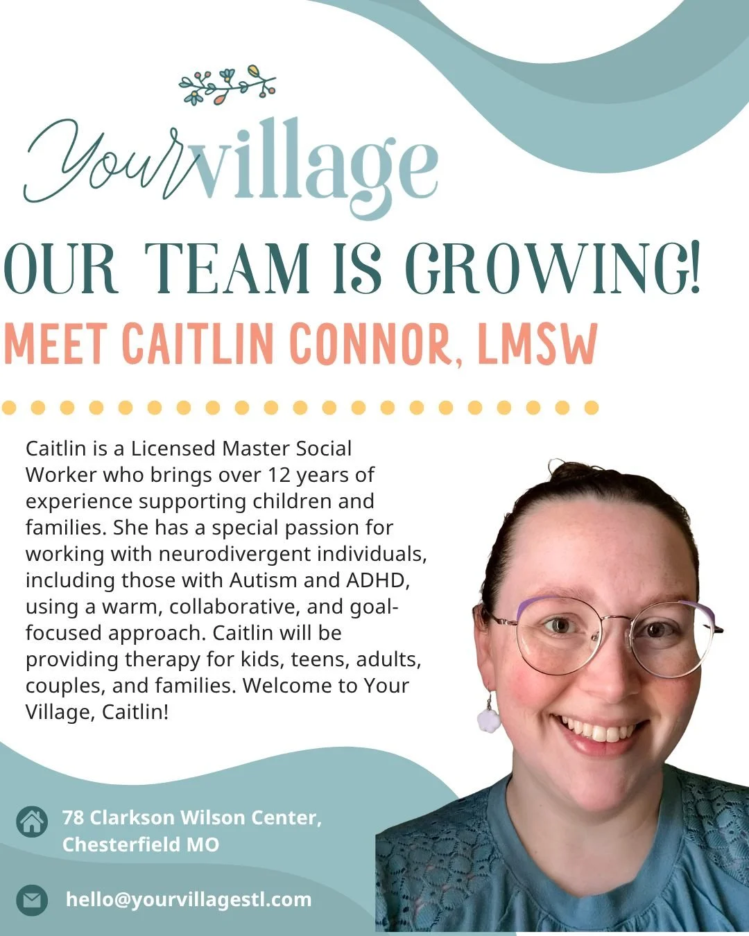 We&rsquo;re so excited to welcome Caitlin Conner, LMSW, to the Your Village team! 🤍

Caitlin provides therapy for children, teens, and young adults, offering a warm and supportive space where clients can feel heard, understood, and empowered as they