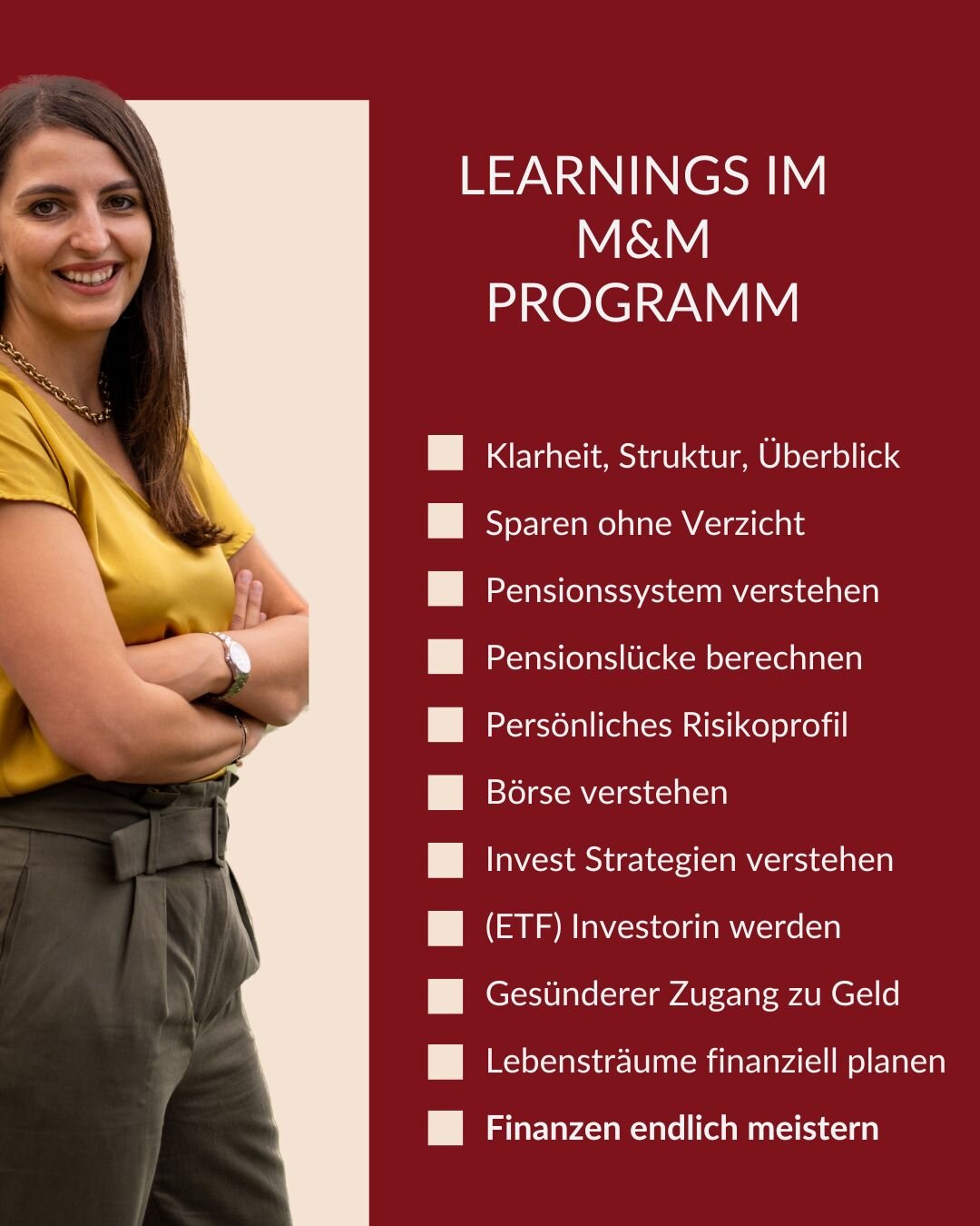 👉Lisa, was lerne ich denn konkret im Money &amp; Mindset Programm?
Das ist nat&uuml;rlich eine der wichtigsten Fragen, wenn du dir &uuml;berlegst, ob du bei diesem Durchgang (Start - 12.03.2024!) dabei sein willst.

✅Das ultimative Ziel ist, dass du