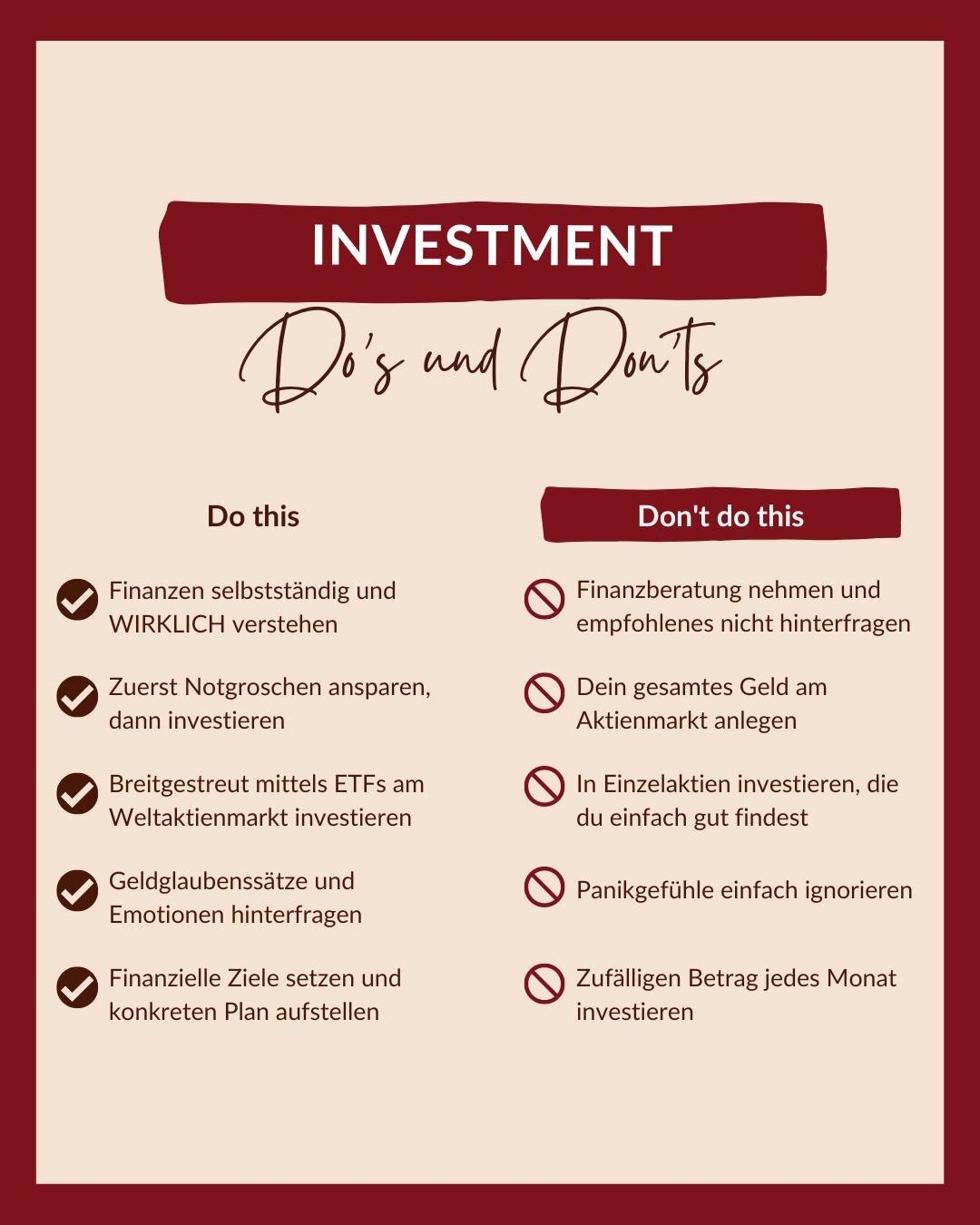 Wenn du ein paar einfache Grunds&auml;tze bei Geldanlage, Money Mindset und Investment beachtest, kannst du dir viel Aufwand, &Auml;rger und nat&uuml;rlich Geld sparen.

Im Post findest du heute ein paar Do's und Don'ts, an die du dich halten solltes