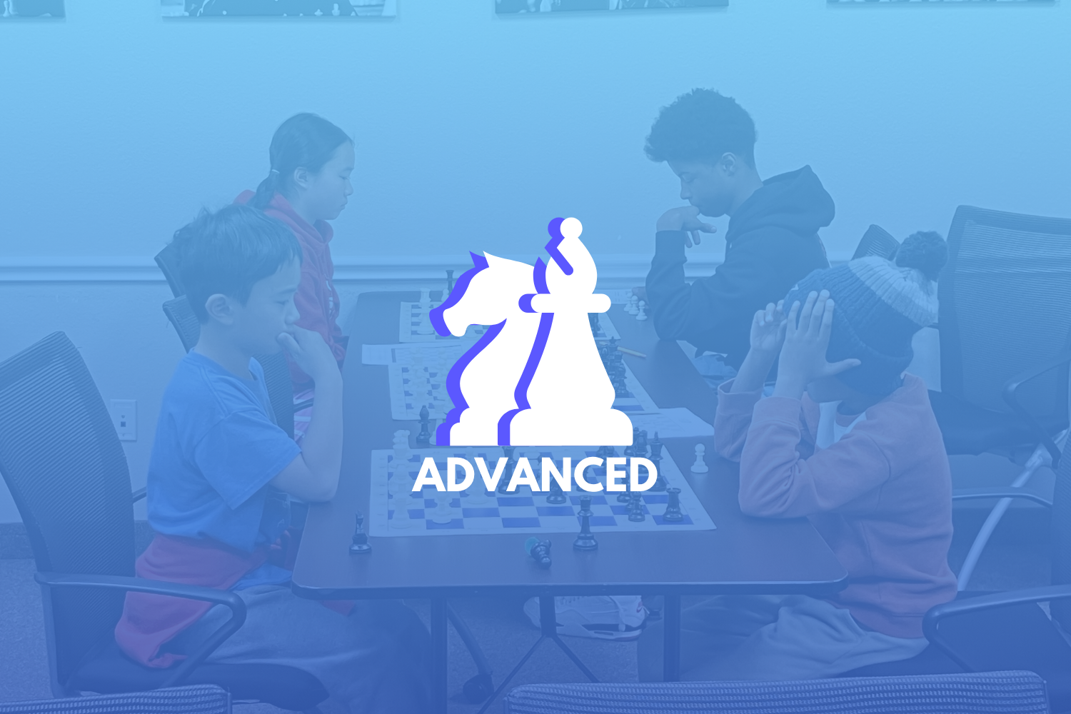 A digital illustration of a white chess knight and a white queen with a purple shadow effect against a blue gradient background, with the word 'ADVANCED' written below.