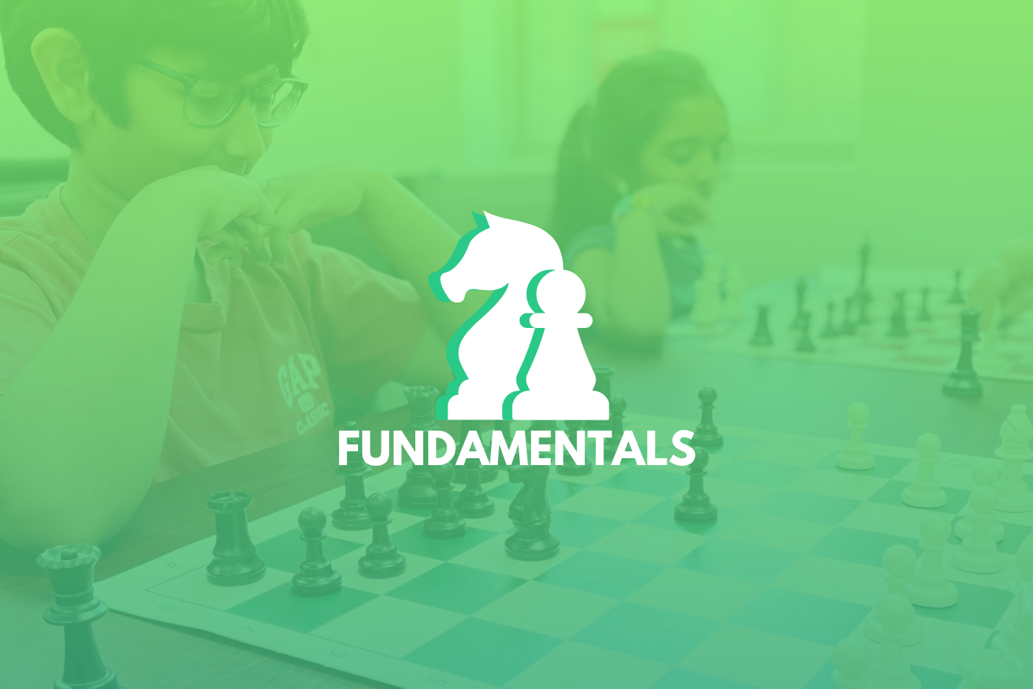 Logo with a white chess rook and knight silhouette on a green gradient background, with the word 'FUNDAMENTALS' in white capital letters below.