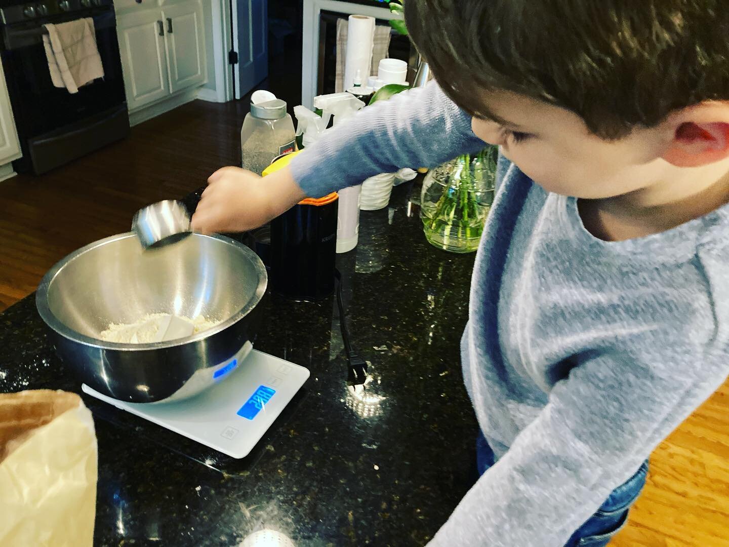 Henri wanted bagels this morning, so that&rsquo;s what we delivered! He was a great helper measuring the flour and yeast. We gobbled them up pretty fast that I missed taking a photo of the finished product.😬 They were not too hard to make and turned