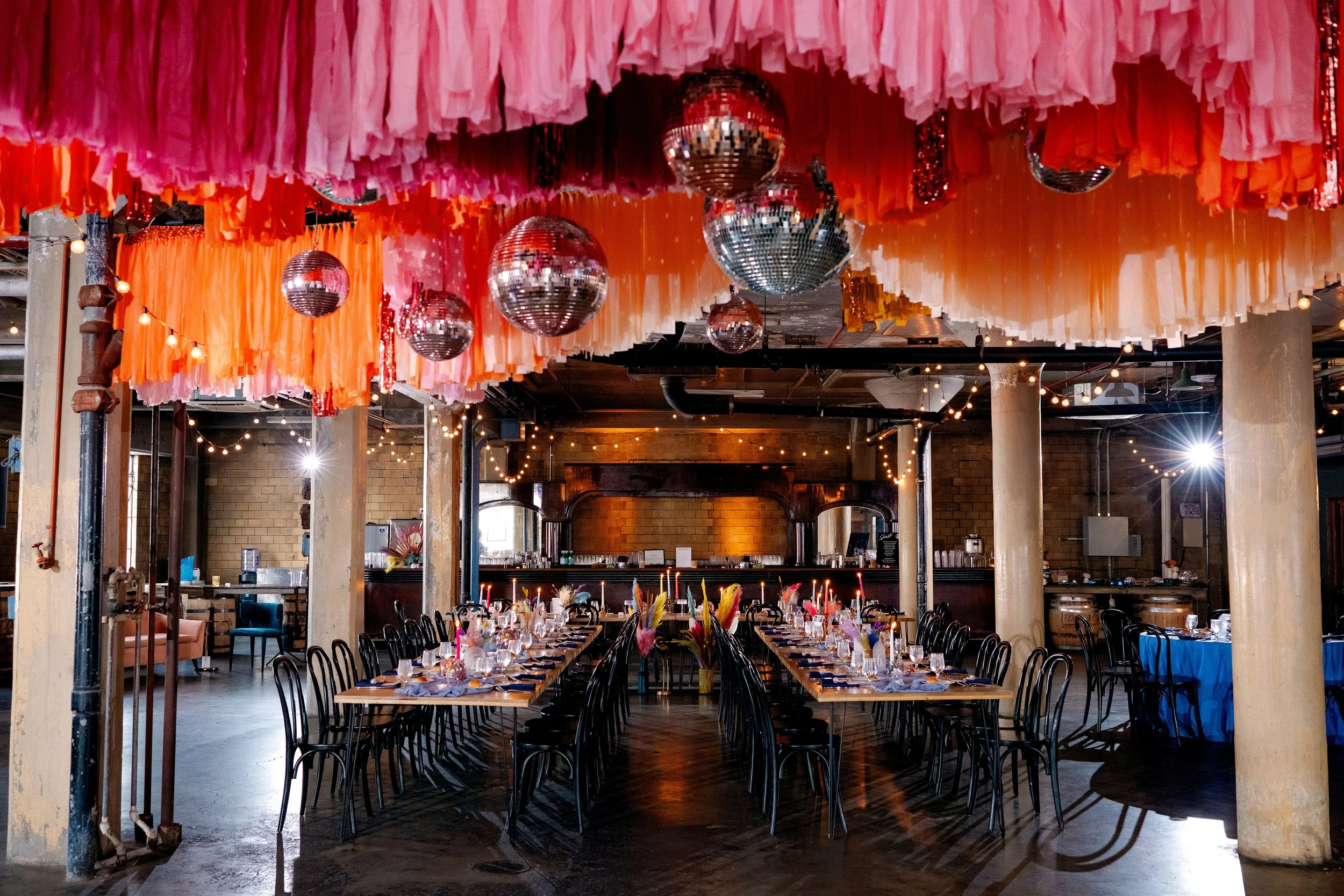 Whimsical disco ball wedding at the Whiskey Factory, Detroit