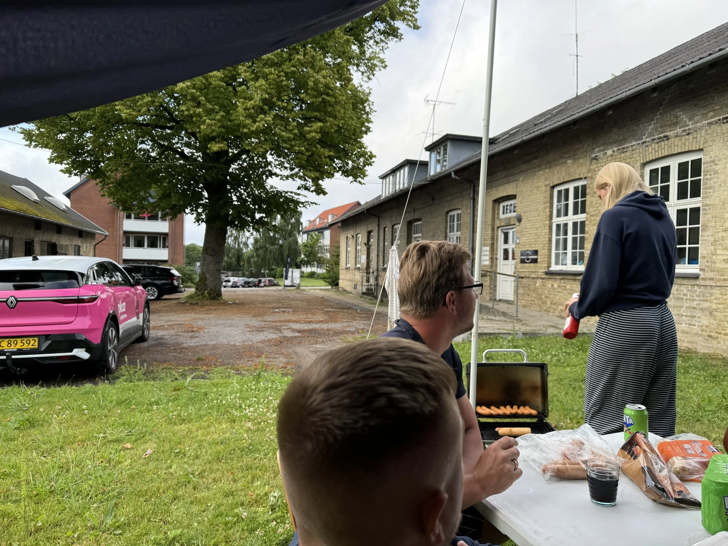 Personer har picnic med grillmad udenfor på græsset, med en barbecue, mad og drikkevarer, en stor træ, biler og ældre bygninger i baggrunden.