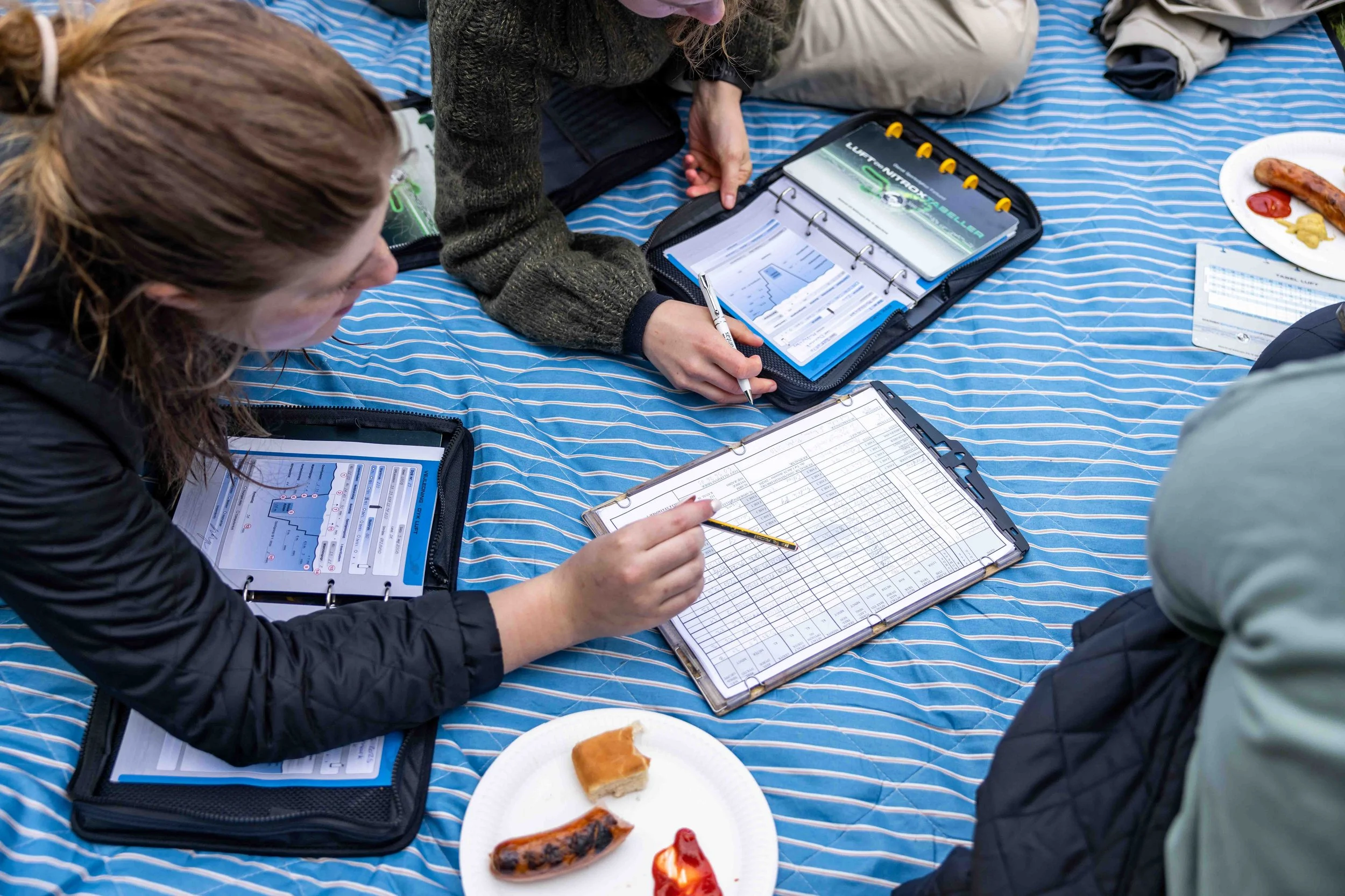 Personer, der sidder på et tæppe, arbejder med grafer og dataark, mens der er tallerkener med mad omkring dem.