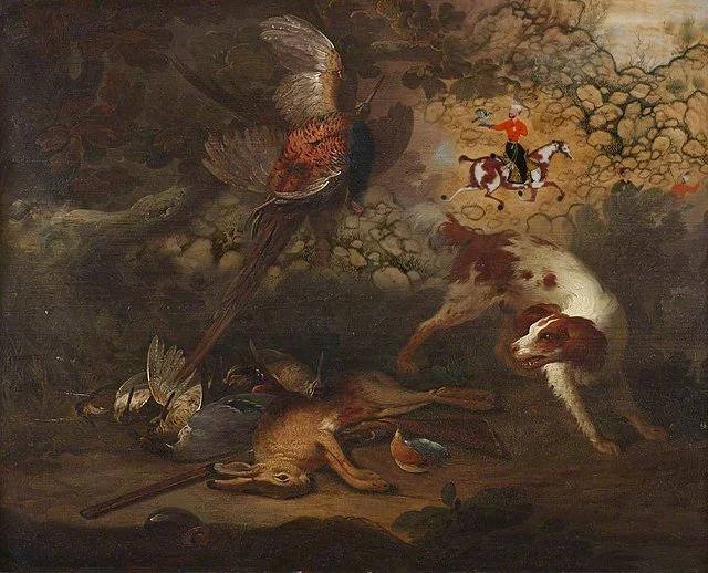 ASpanielWithDeadGameAndAGunInALandscape_PrinceAkbarAndNoblemenHawking.jpg