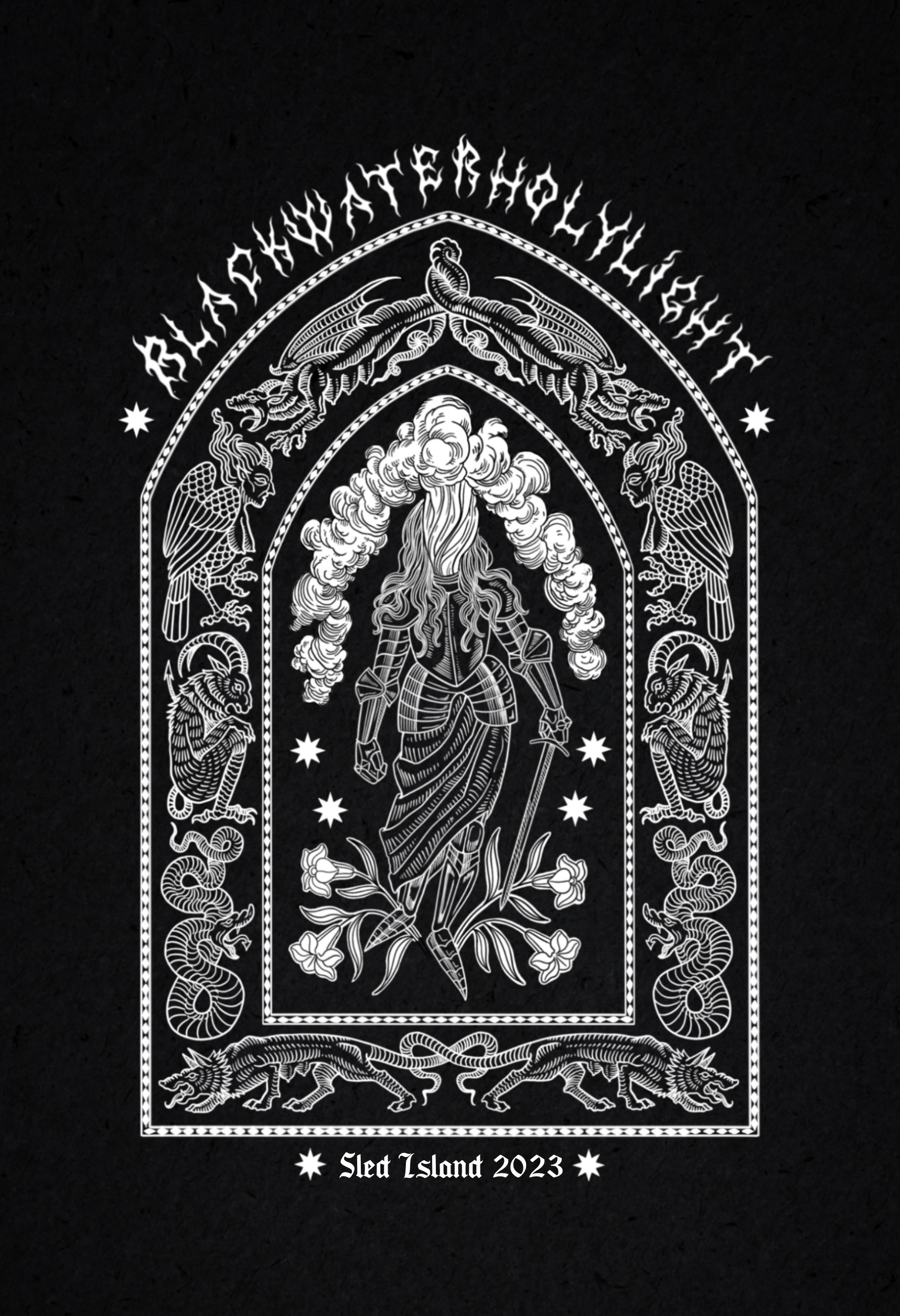 Pictured is a white over black woodcut style illustration and the second is a zoomed in detail of the same illustration.
The illustration depicts a central figure partially clad in armour on her upper body and a long skirt on her lower body with armo