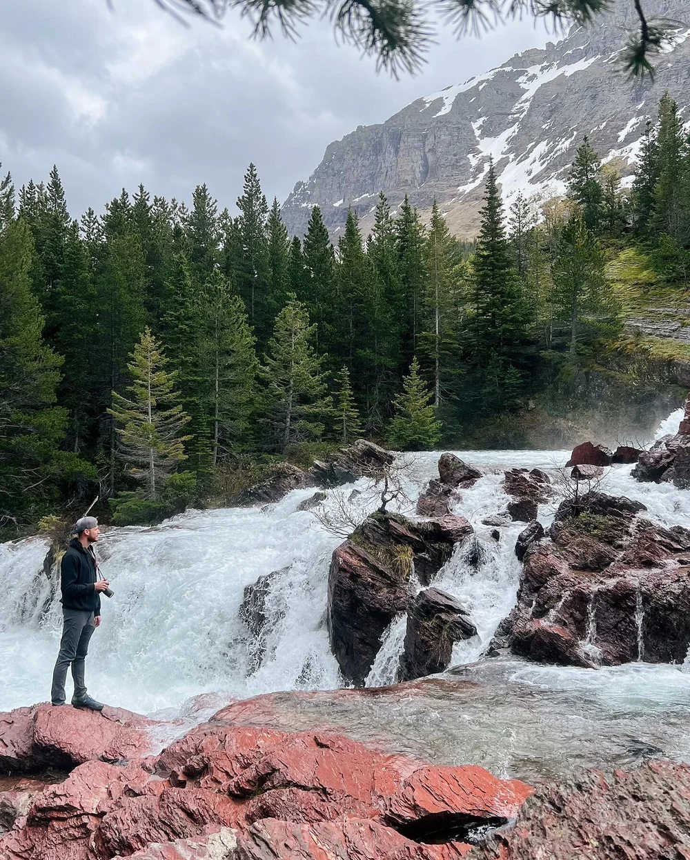 Scenes from the Redrock Falls trail at Glacier National Park. Had to don the rain gear when we the hit the trailhead, but the moody weather created an aesthetic I really enjoyed. Even saw a moose at Swiftcurrent Lake on the way back! 
&bull;
&bull;
&