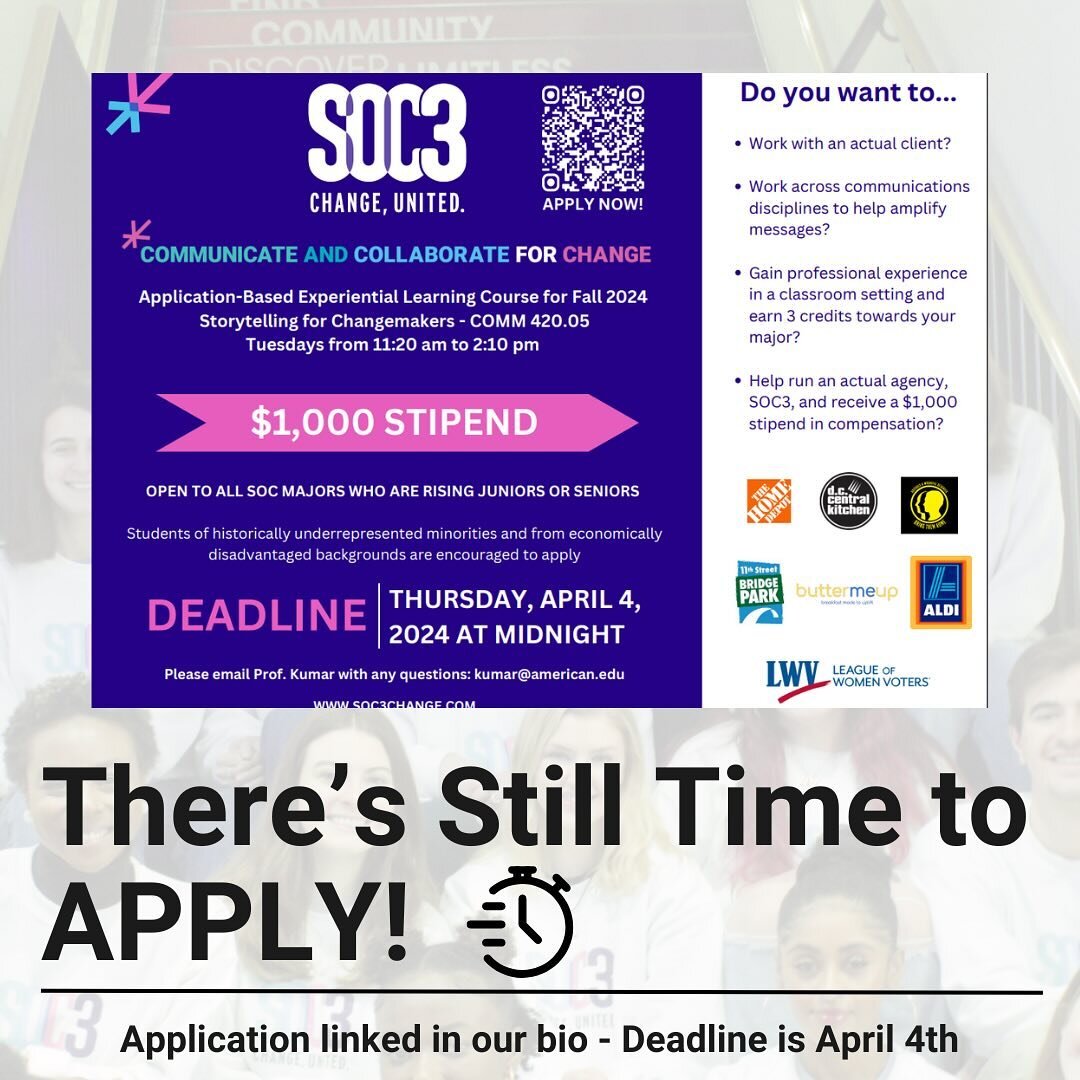 There are 4 days left to apply to be in the Fall 2024 cohort! The application is linked in our bio. #SOC3 #ChangeUnited #AmericanUniversity #ChangeCantWait