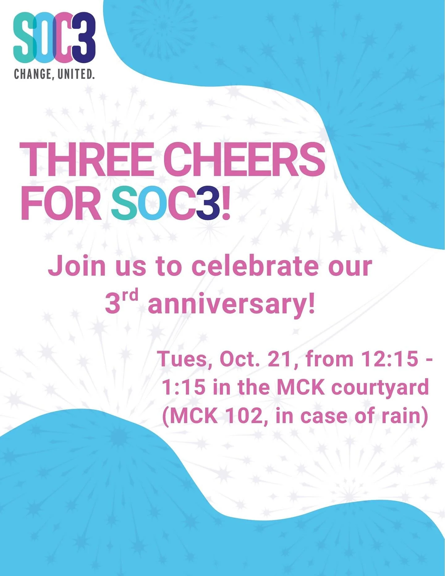 Come celebrate SOC3’s Third Anniversary with us! Meet our current cohort, learn about past and current clients, and participate in a game to earn SOC3 swag.
We’ll have food, games, and prizes! Come stop by tomorrow, October 21st, between