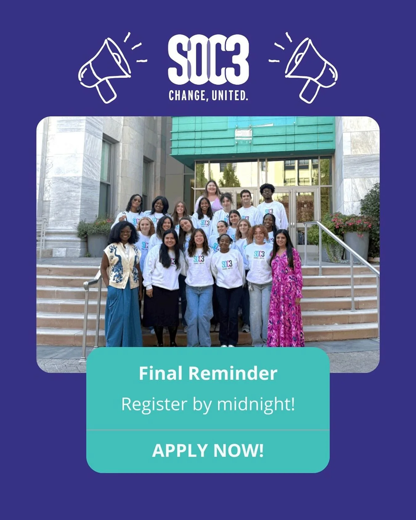 Don’t forget to apply by MIDNIGHT tonight for SOC3! This a unique AU and SOC experience you don’t want to miss out on.🌟
Apply for the Spring 2026 cohort at the link in our bio! 
#soc3 #changeunited #americanuniversity @ausoc