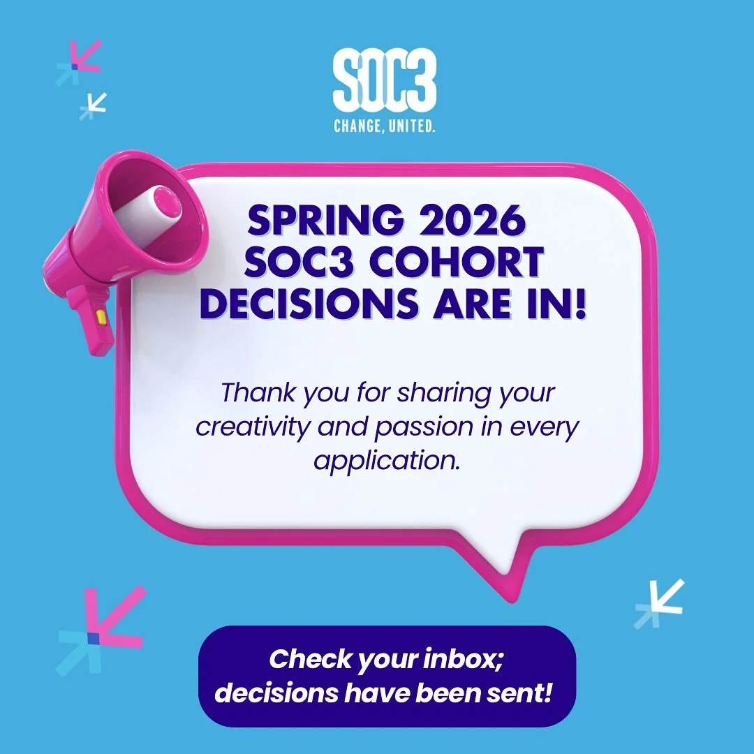 Thank you to everyone who applied to be part of the SOC3 spring 2026 cohort. We&rsquo;ve reviewed every application and are so impressed by the creativity and passion that came through.

We can&rsquo;t wait for another incredible semester! 

#SOC3 #A