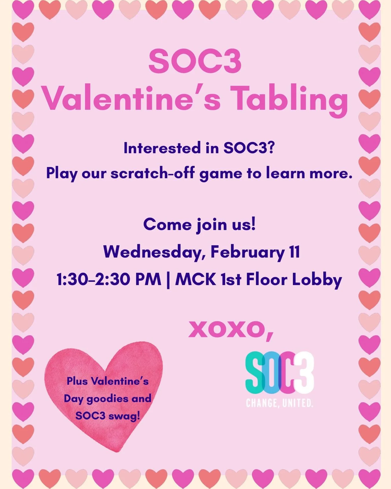 This Valentine&rsquo;s Day, get to know SOC3 💌

Stop by our tabling event on February 11 from 1:30&ndash;2:30 to learn more about American University&rsquo;s student-run communication agency and how to apply. Open to all SOC majors!

Plus enjoy some