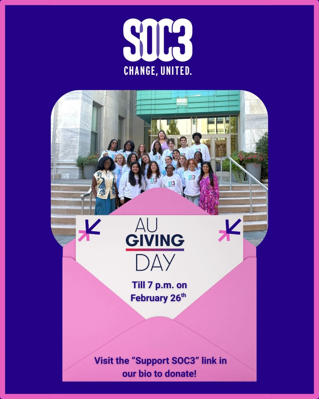February 25-26th is AU&rsquo;s Giving Day! ✨

Please consider supporting SOC3&rsquo;s Collaborative Communication Fund. Your contribution helps sustain our experiential learning program, which offers class credit, professional experience, and a stipe