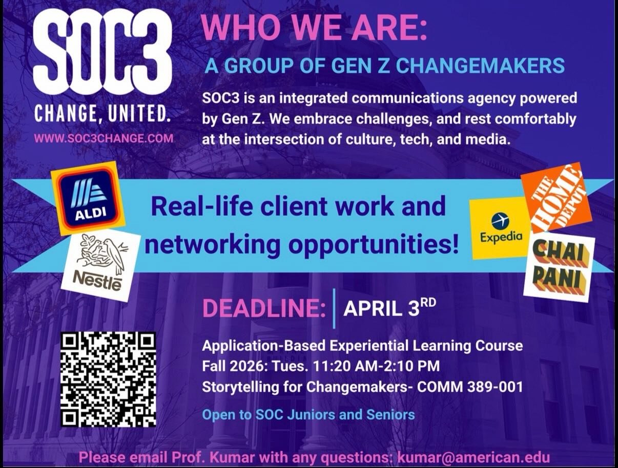 Fall 2026 applications are now LIVE! Don&rsquo;t miss out on this incredible opportunity - apply by Friday, April 3rd! Link in bio. 

#soc3 #americanuniversity #experientiallearning @ausoc @americanuniversity