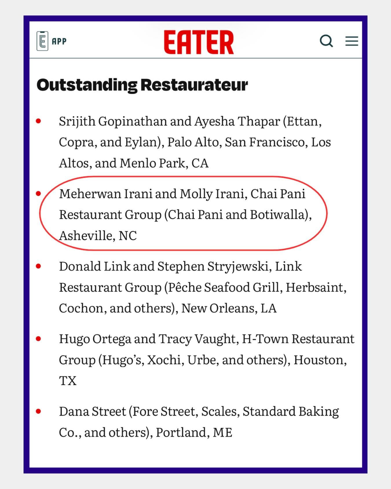 Huge congrats to @chaipanimom and @meherwanirani of @chaipanigroup on their James Beard Awards nomination for Outstanding Restaurateurs. It has been a thrill to work on @botiwalladc this semester, and the @soc3change team will be rooting for you on M