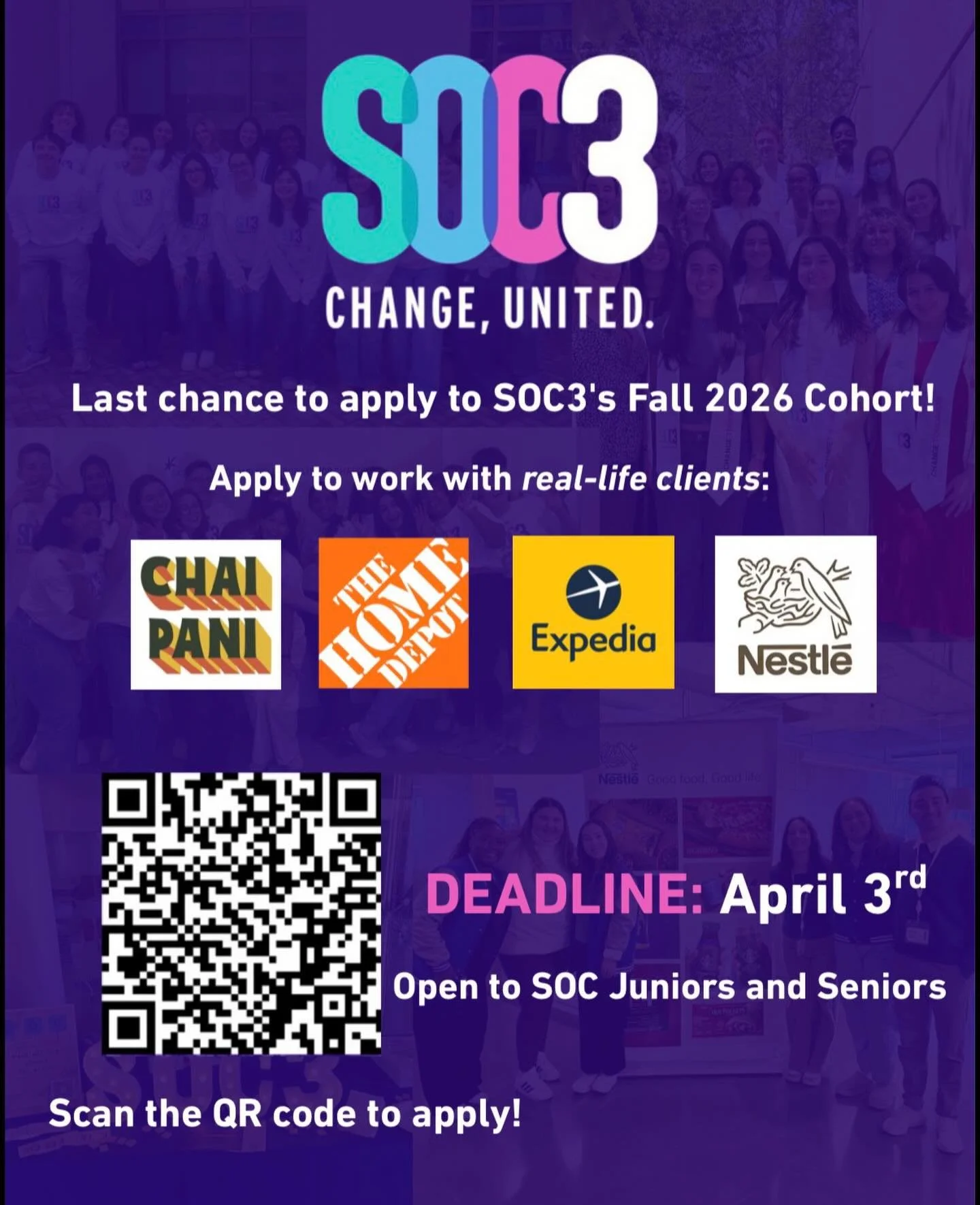 Last week to apply for Fall 2026 Cohort! Don&rsquo;t miss out on the chance to work with real-world clients and build your network. Applications are open to all junior and senior SOC majors. 

Link in bio ✨

 #soc3 #ausoc #changeunited #americanunive