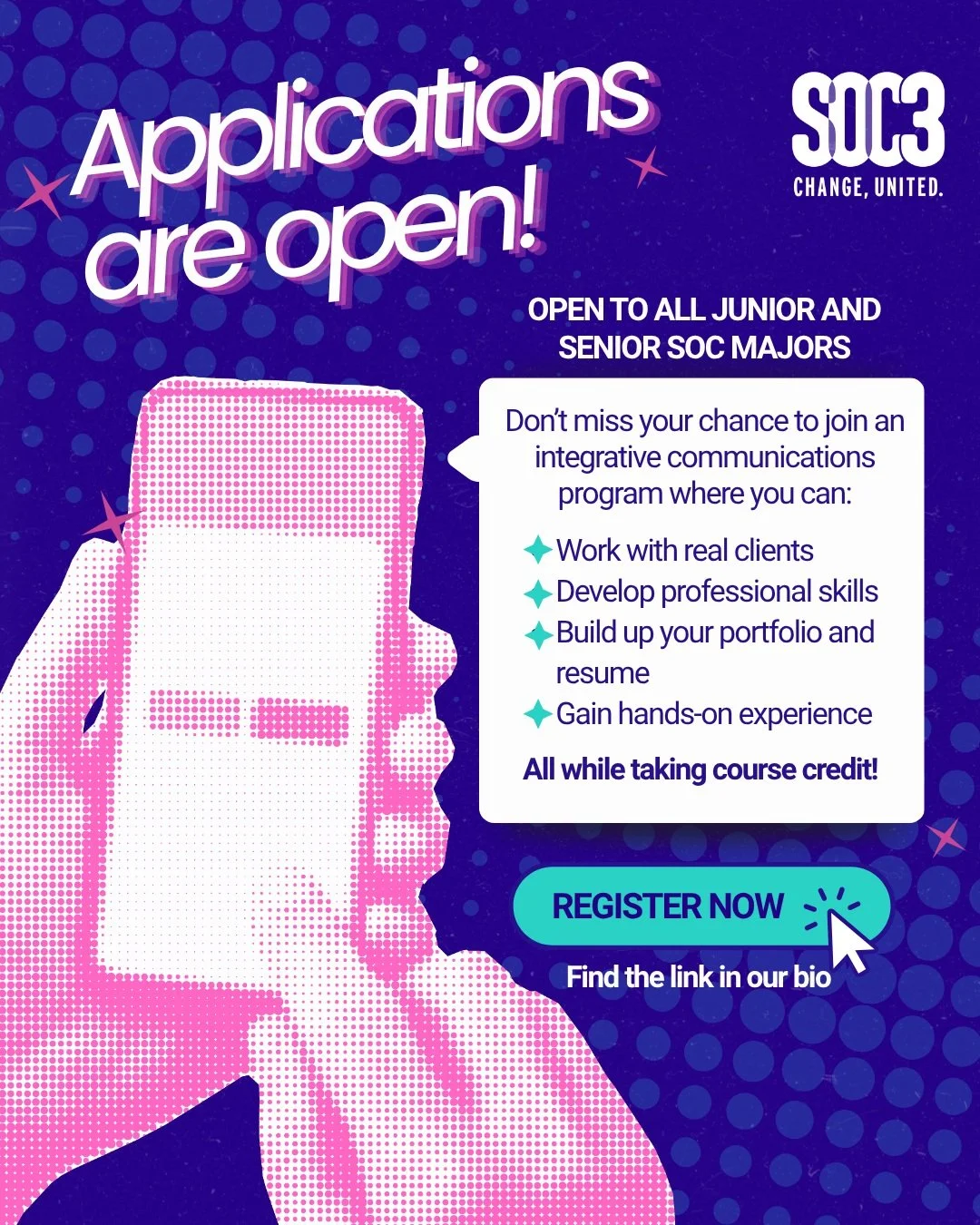 🚨 Applications for SOC3 Cohort 10 are OPEN! 🚨

Ready to take your SOC experience to the next level and work with real clients? Applications are now open for the Spring 2027 SOC3 cohort! 🎉

📣 Who can apply? Current SOC majors who are juniors or se