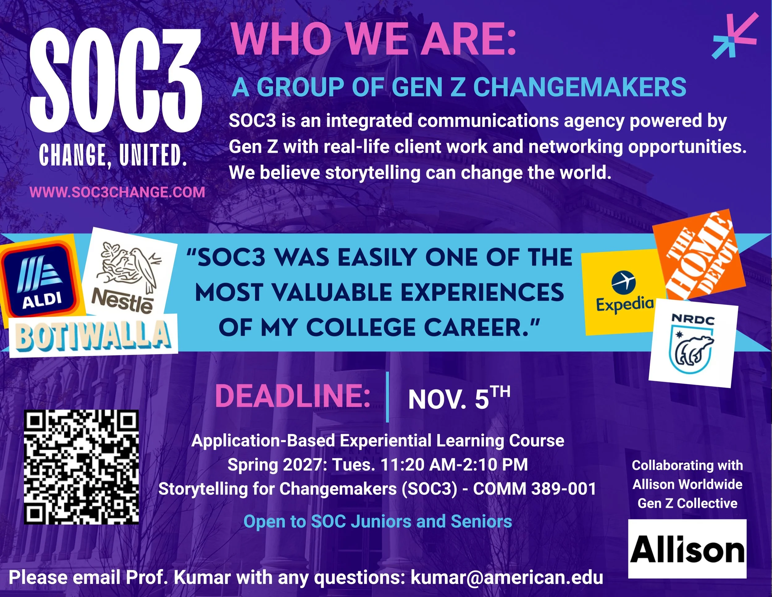 SOC3 SPRING 2027 APPLICATIONS ARE LIVE! 🚨

Ready to turn your creativity into impact? SOC3 is an integrated communications agency powered by Gen Z changemakers, offering hands-on client experience, networking opportunities, and the chance to use sto