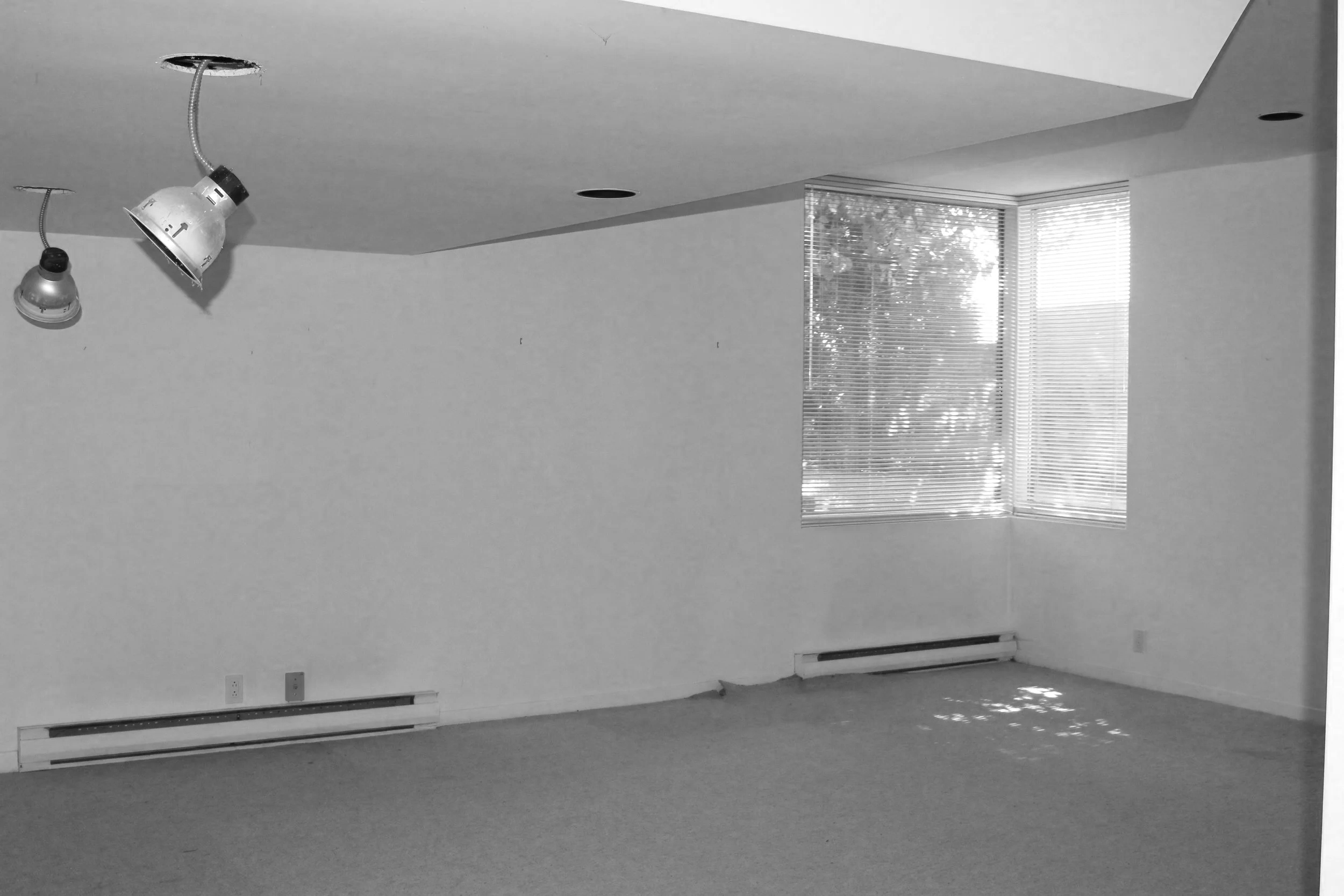 Empty room with carpeted floor, angled window with blinds, and ceiling with two uninstalled light fixtures.