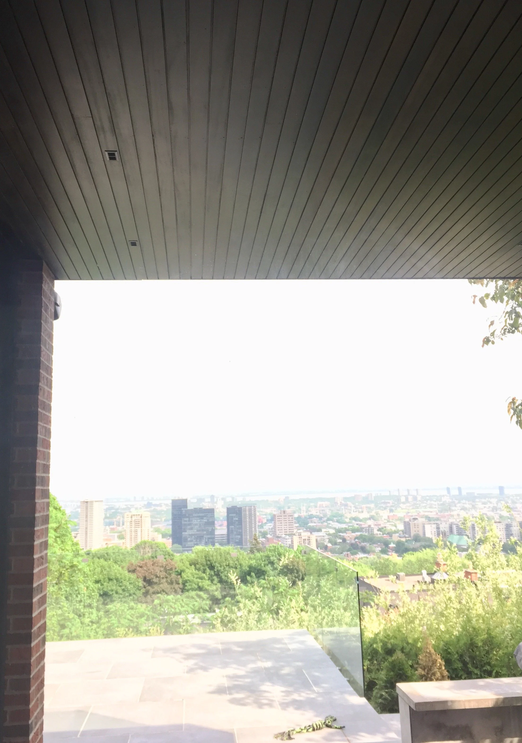 View of a city skyline with tall buildings and green trees from a balcony or patio area under a wooden ceiling.