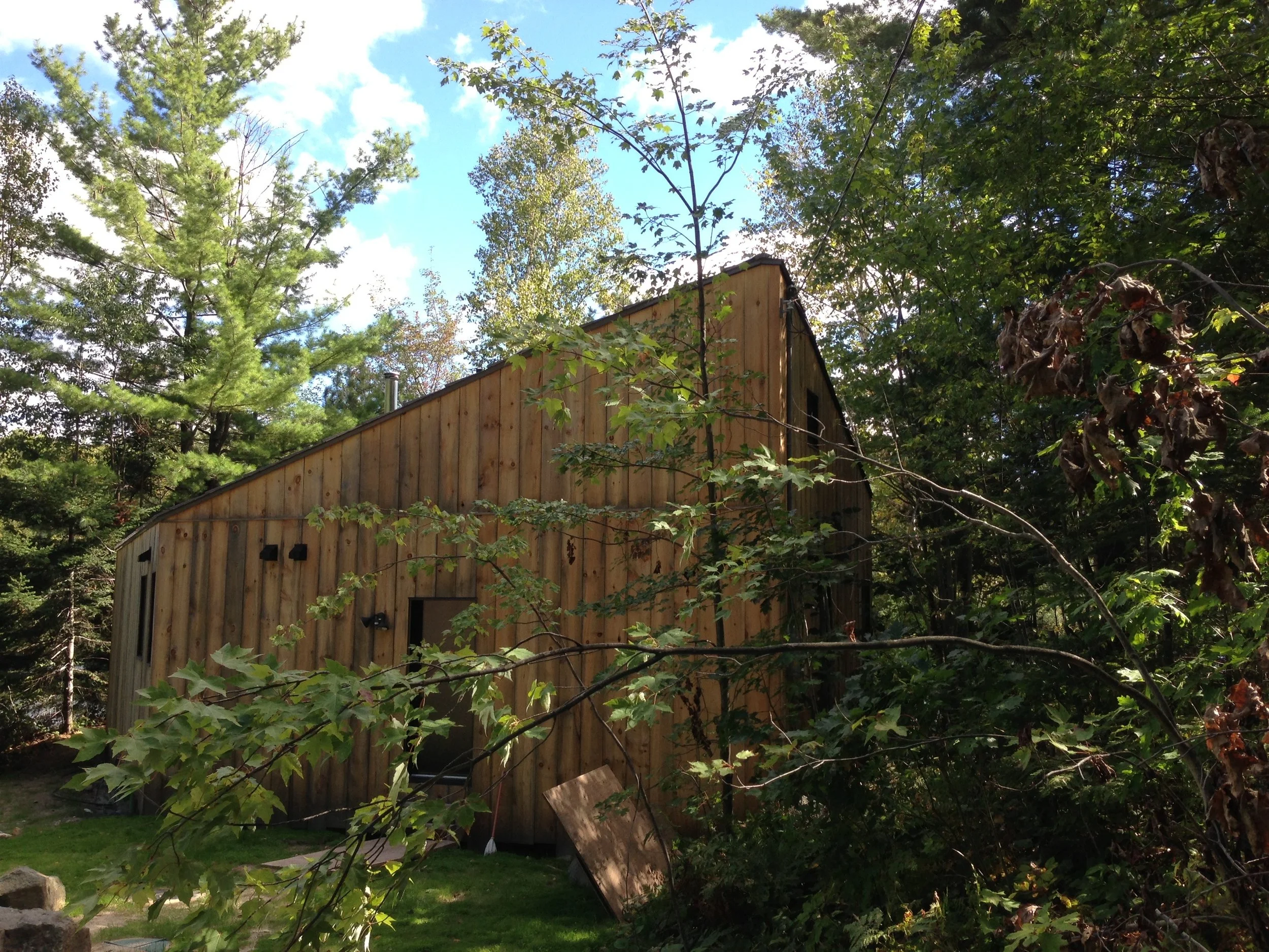 A wooden house under construction surrounded by dense trees and greenery in a forested area.