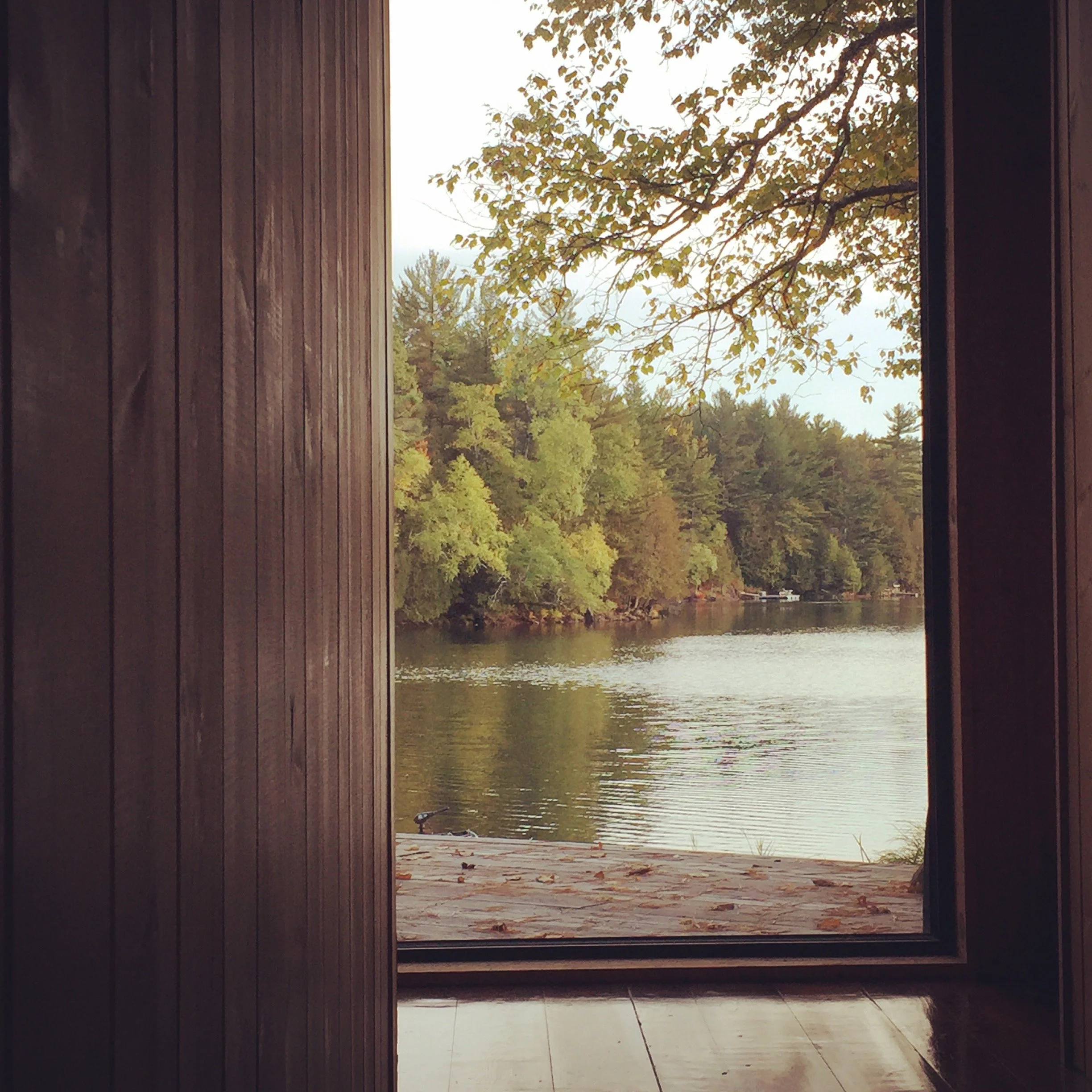 View of a river with green trees along the shoreline seen through an open door or window with wooden framing.
