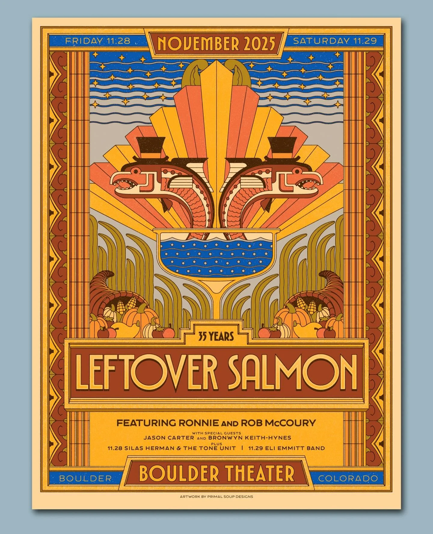 4-color screen printed poster for @leftoversalmonmusic commemorating their Thanksgiving shows at @bouldertheater 
Much love to the band, management, and @pinebrand for their print work! 

Despite not having been there myself, I fell in love with the 