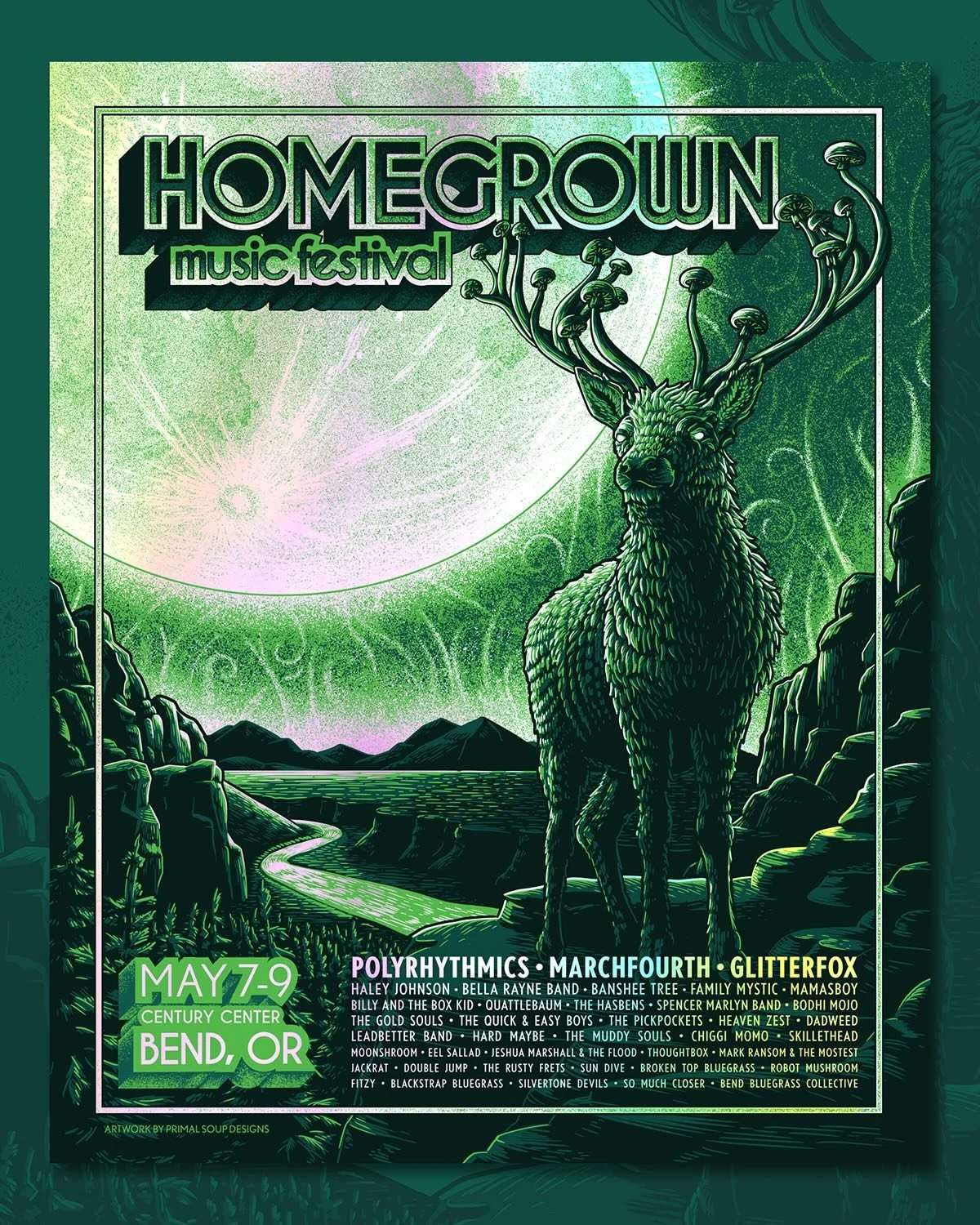 So stoked to share this new poster design for next month&rsquo;s @homegrownfestbend printed up on some gorgeous rainbow foil stock!

Gonna be a great few days of music and I loved getting to incorporate the stunning natural landscape that surrounds B