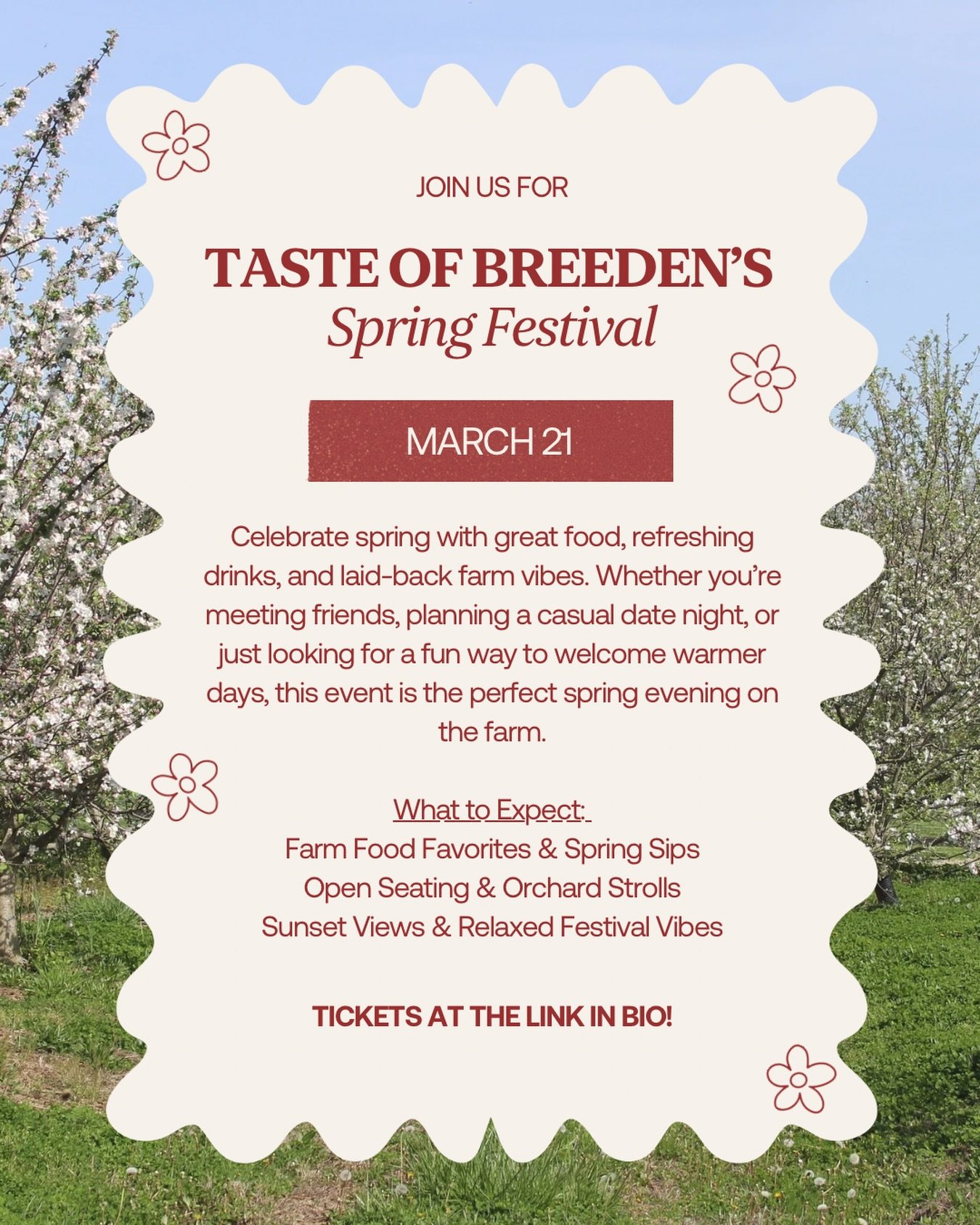Taste of Breeden&rsquo;s Spring Festival is all about good food, festive drinks, open air, and time well spent with your favorite people. 🌸

Come wander, snack, sip, and settle in as the sun goes down on a perfect spring evening at the farm. 🌅

Pur