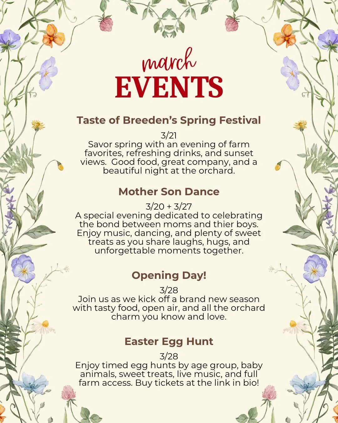 March at Breeden&rsquo;s Orchard is going to be full of events, fresh air, and fun for all ages. 🌸

Take a look at all the events coming up this month and mark your calendars. We can&rsquo;t wait to welcome you! ✨ 

#BreedensOrchard #MtJuliet #March