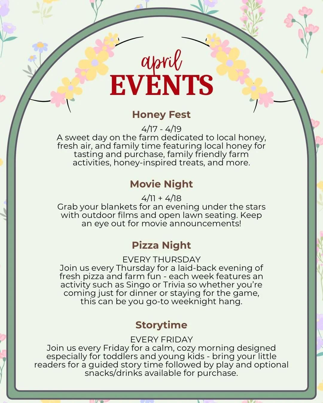 April at Breeden&rsquo;s is in full bloom! 🌷✨

From special seasonal events to familiar weekly traditions, there&rsquo;s something happening all month long. Grab your friends, bring the family, and come spend some time outdoors with us. 🌿 

Further