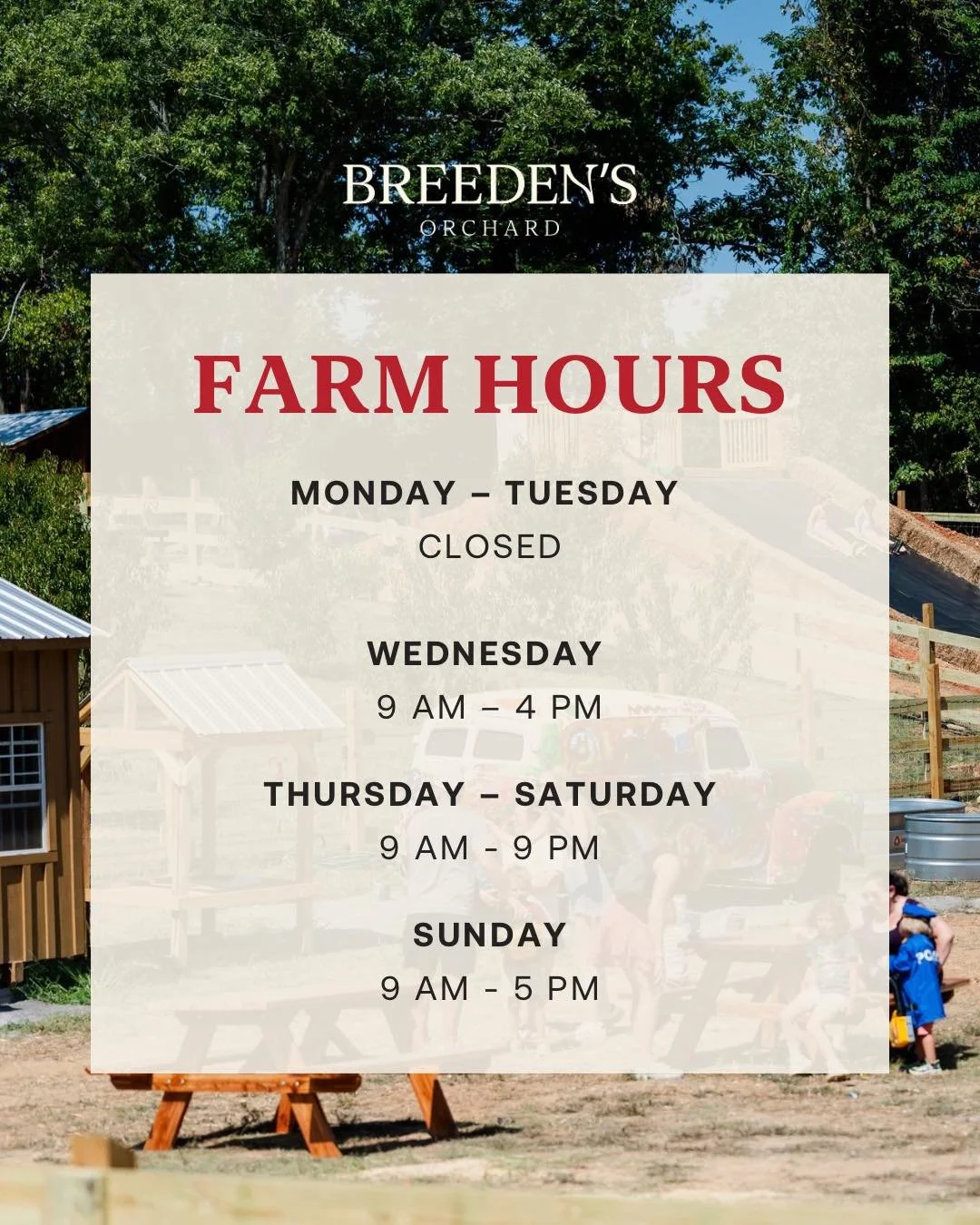 We&rsquo;re open! Our weekly hours for the season are here - more time to visit, explore, and enjoy everything the orchard has to offer. 🌿

Take a look and start planning your next visit. We can&rsquo;t wait to see you! ✨

#BreedensOrchard #MtJuliet