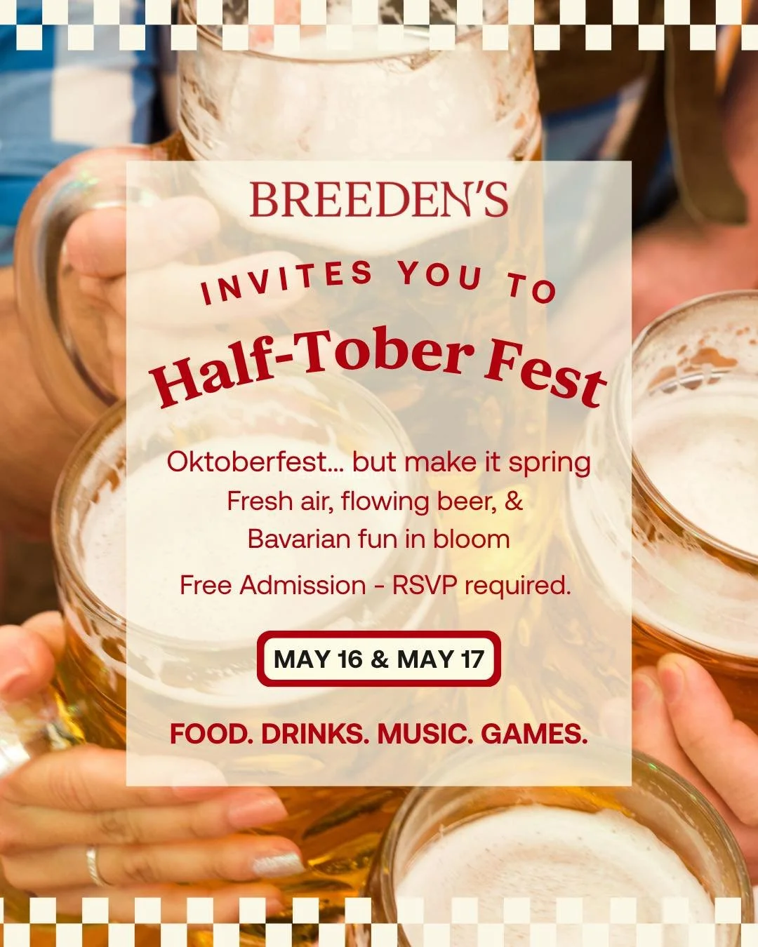 Half-Tober Fest just got even better 🍻🌸

We&rsquo;ve opened this up to free admission (RSVP required) so more of you can join the fun.

Grab your crew and celebrate spring the Bavarian way&mdash;beer halls, live music, games, and all-day farm fun.
