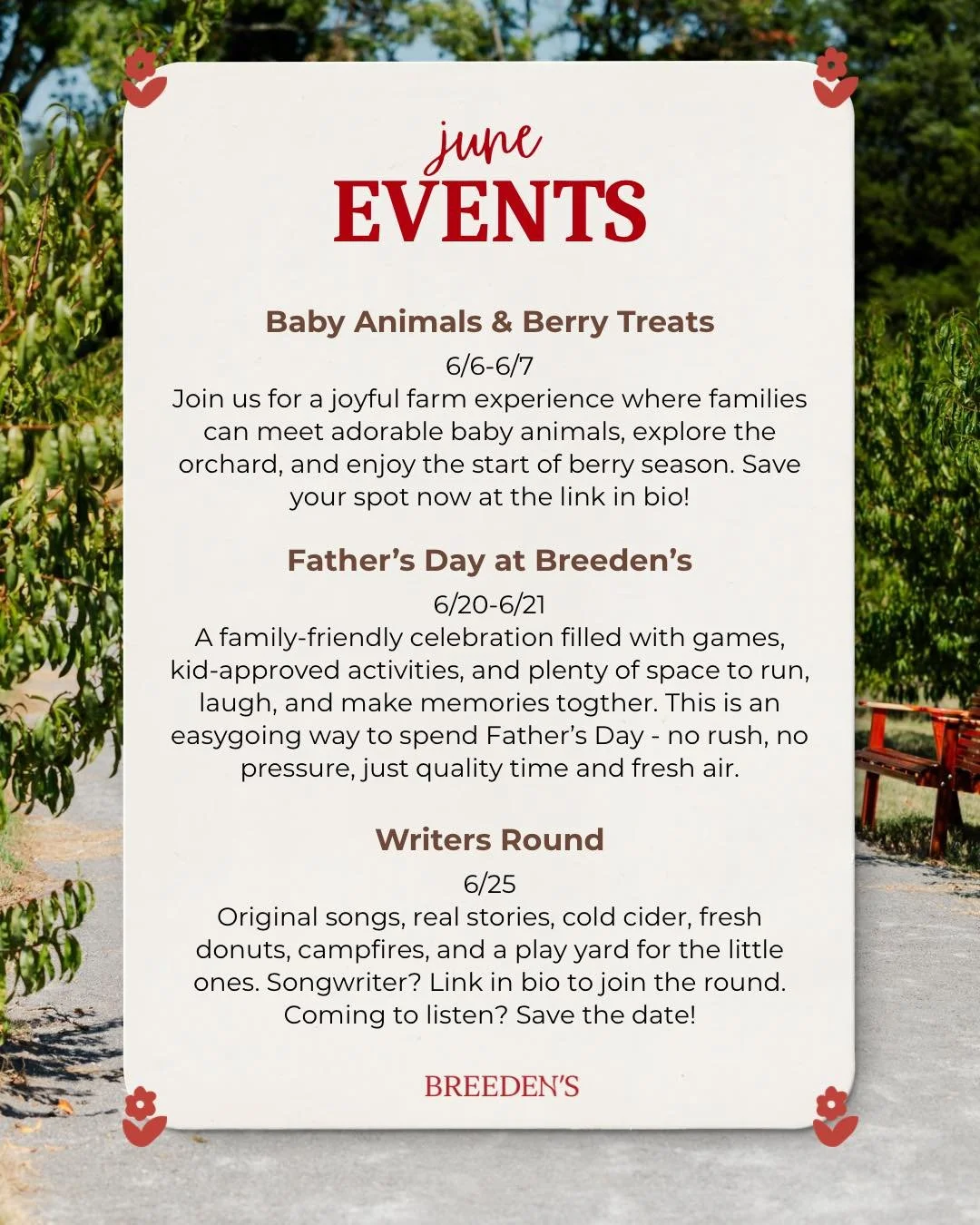 New month, new reasons to visit the orchard. 🍑

June is packed with fun from Baby Animals &amp; Berry Treats and Father&rsquo;s Day Weekend to seasonal goodies, weekly events, and more. Scroll through, save your favorites, and come make some summer 