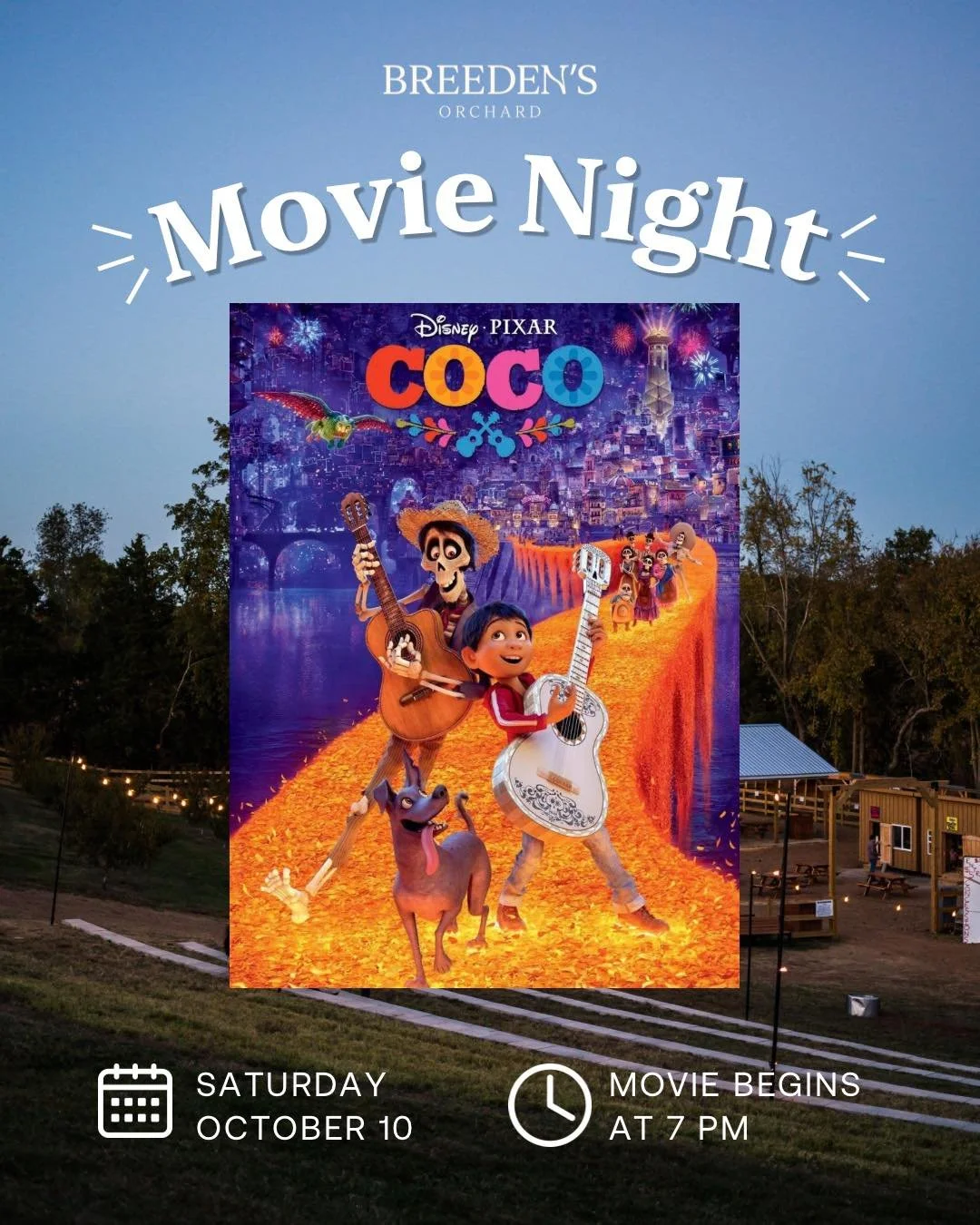 Join us Saturday, October 10 for an outdoor showing of Coco at Breeden&rsquo;s! 🎬

Grab your blankets and lawn chairs, find a cozy spot, and settle in for a movie under the stars. 🍿

Admission is free, but space is limited. RSVP a the link in bio t