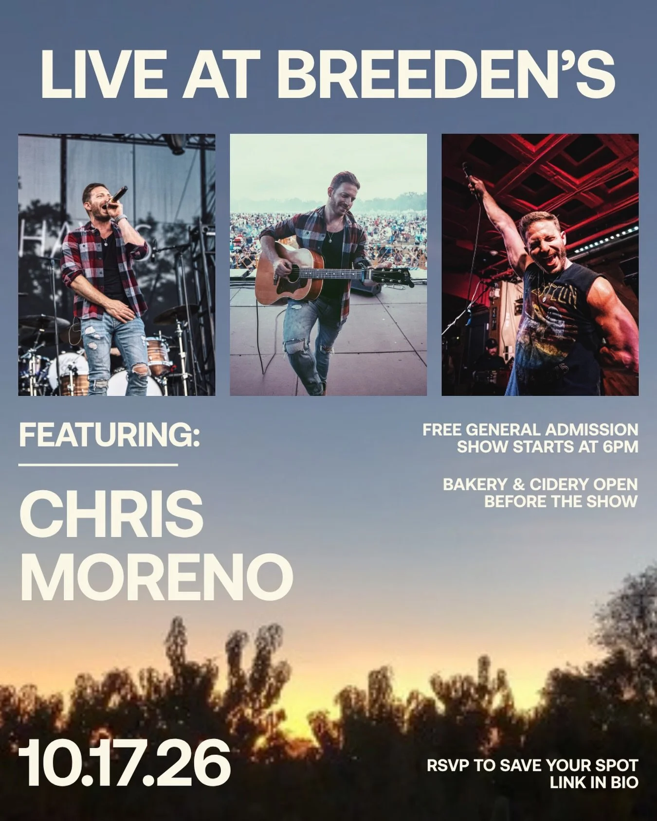 Join us on Saturday, October 17 for an evening with @chrismorenomusic, performing live at Breeden&rsquo;s from 6-9 PM! 🎸

Grab your friends, bring a camp chair or picnic blanket, and settle in for live music under the open sky. 🎶

🍕 Bakery + cider