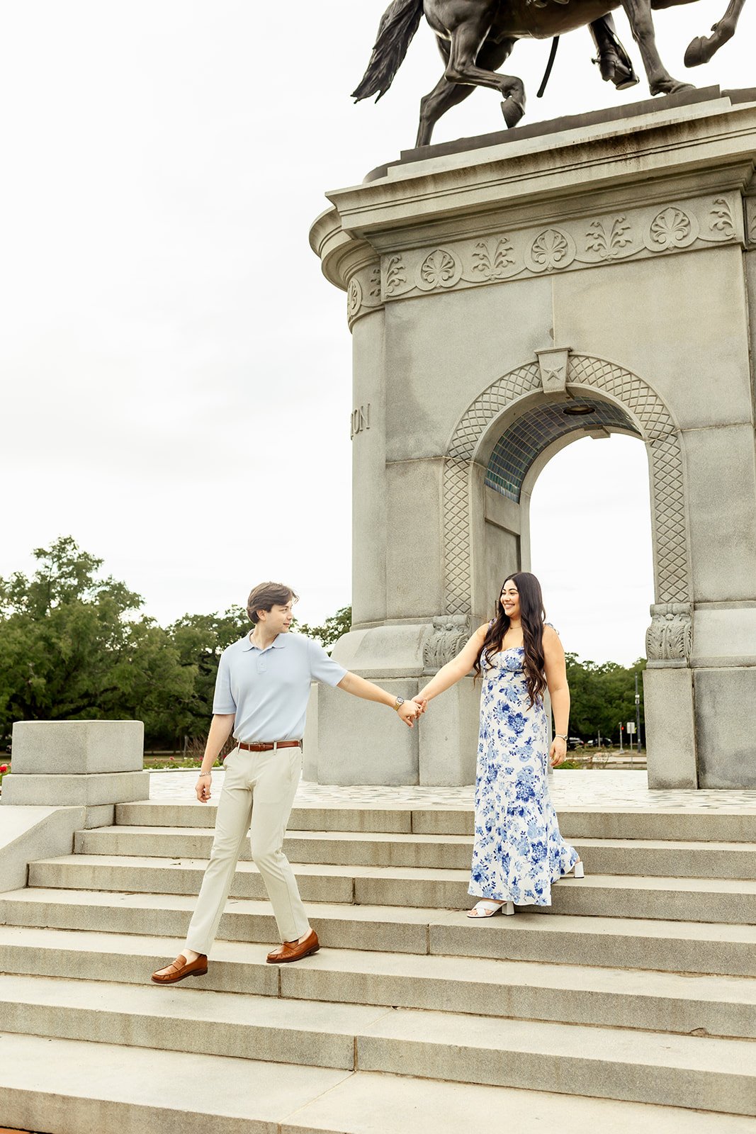 Hermann Park engagement session with top rated engagement photographer, capturing candid and editorial moments in Hermann Park with a newly engaged couple