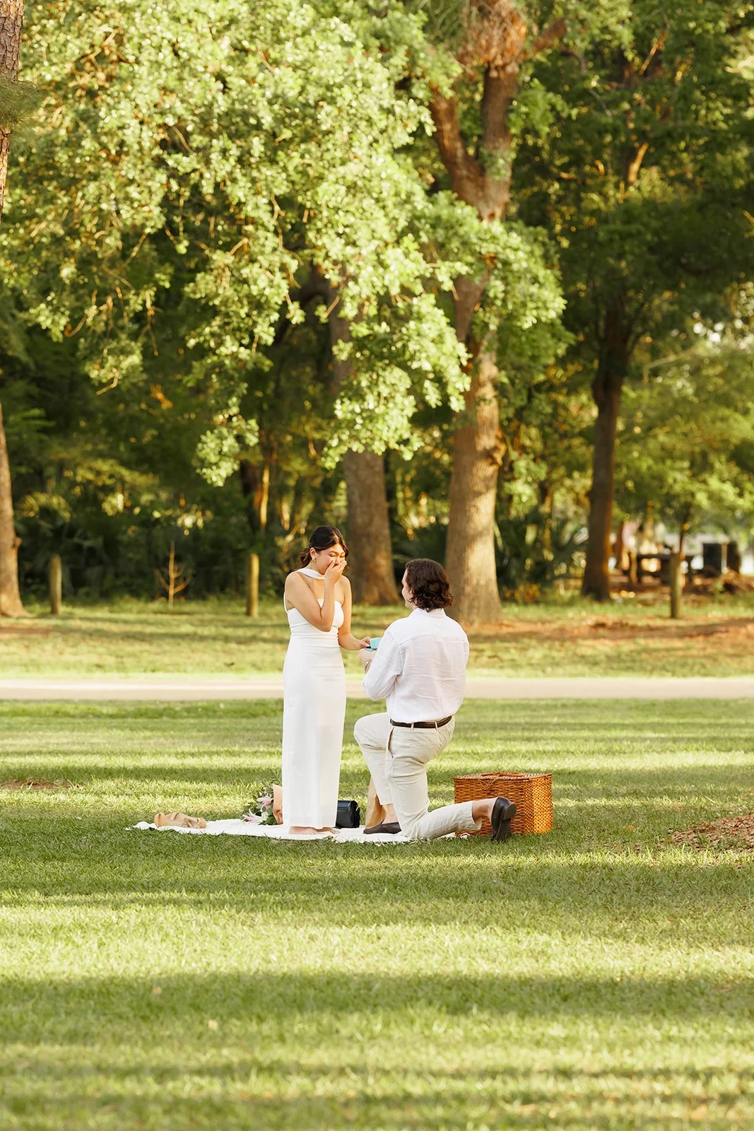 A man proposing marriage to a woman in Houston with engagement photographer on a sunny day in a park, with the woman appearing emotional and surprised, standing on a white blanket surrounded by trees and greenery.