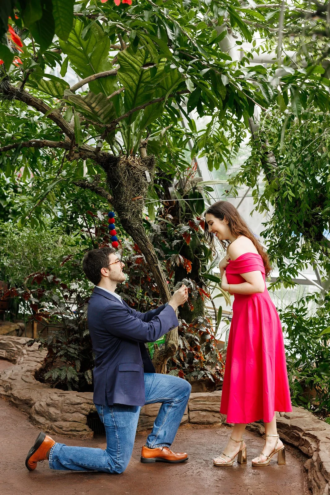 A man in a navy blue blazer and jeans kneeling on one knee, proposing to a woman in a bright pink off-shoulder dress and high heels, inside a lush green botanical garden.
