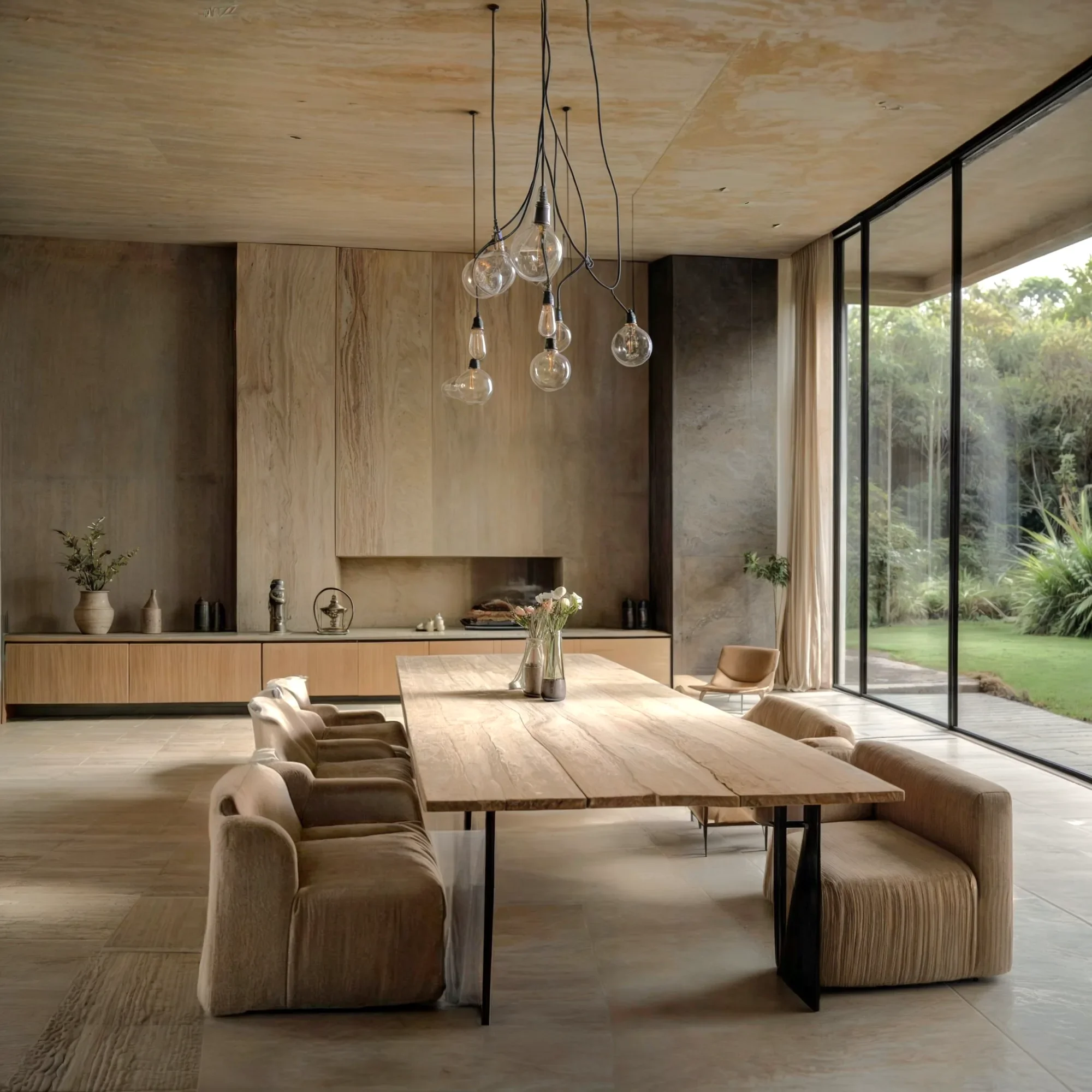 Comedor minimalista con mesa de madera maciza, texturas neutras, luminaria escultórica y grandes puertas de vidrio que conectan con el exterior natural