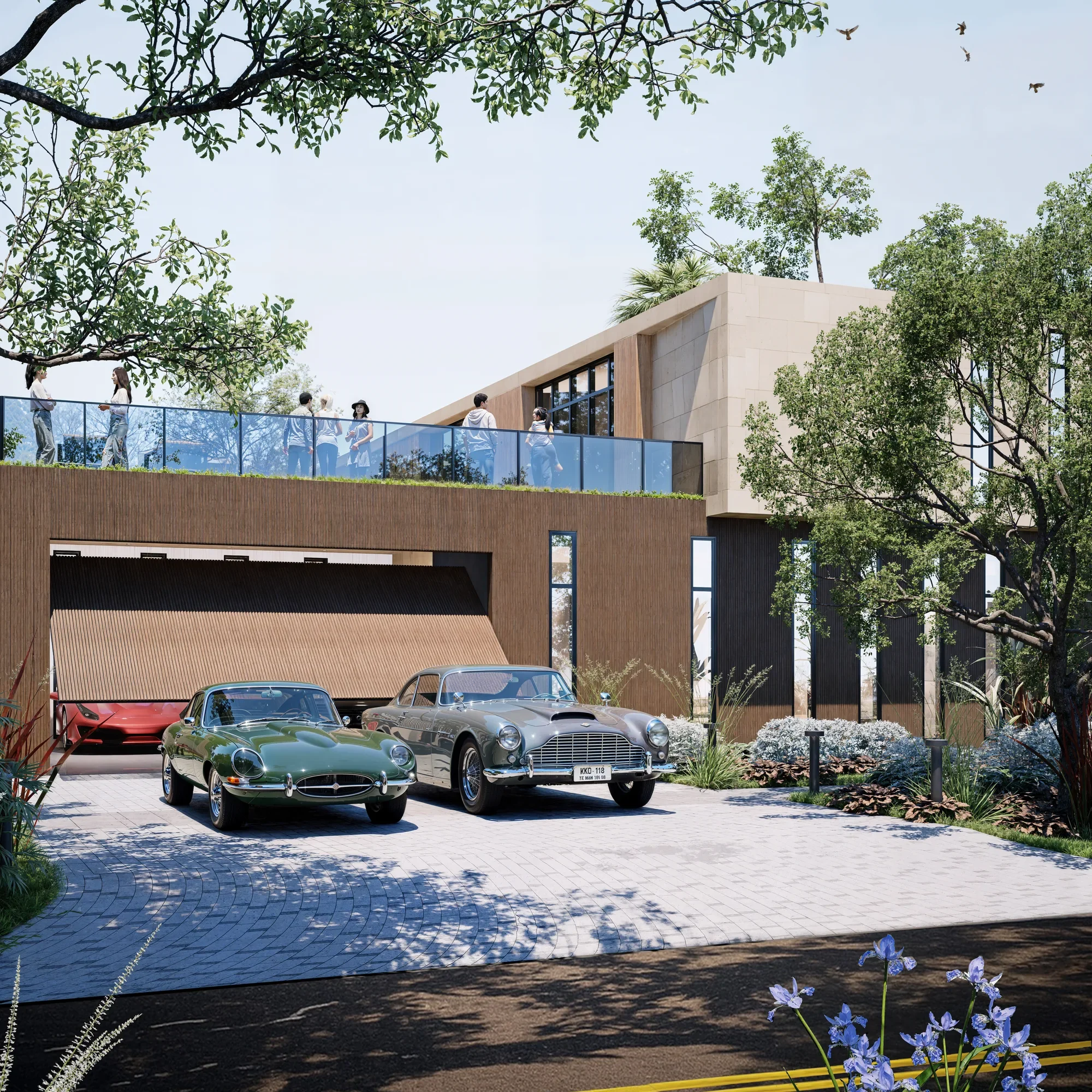 Private driveway and entry sequence highlighting the home’s layered material palette of stone, wood, and glass within a tropical setting.