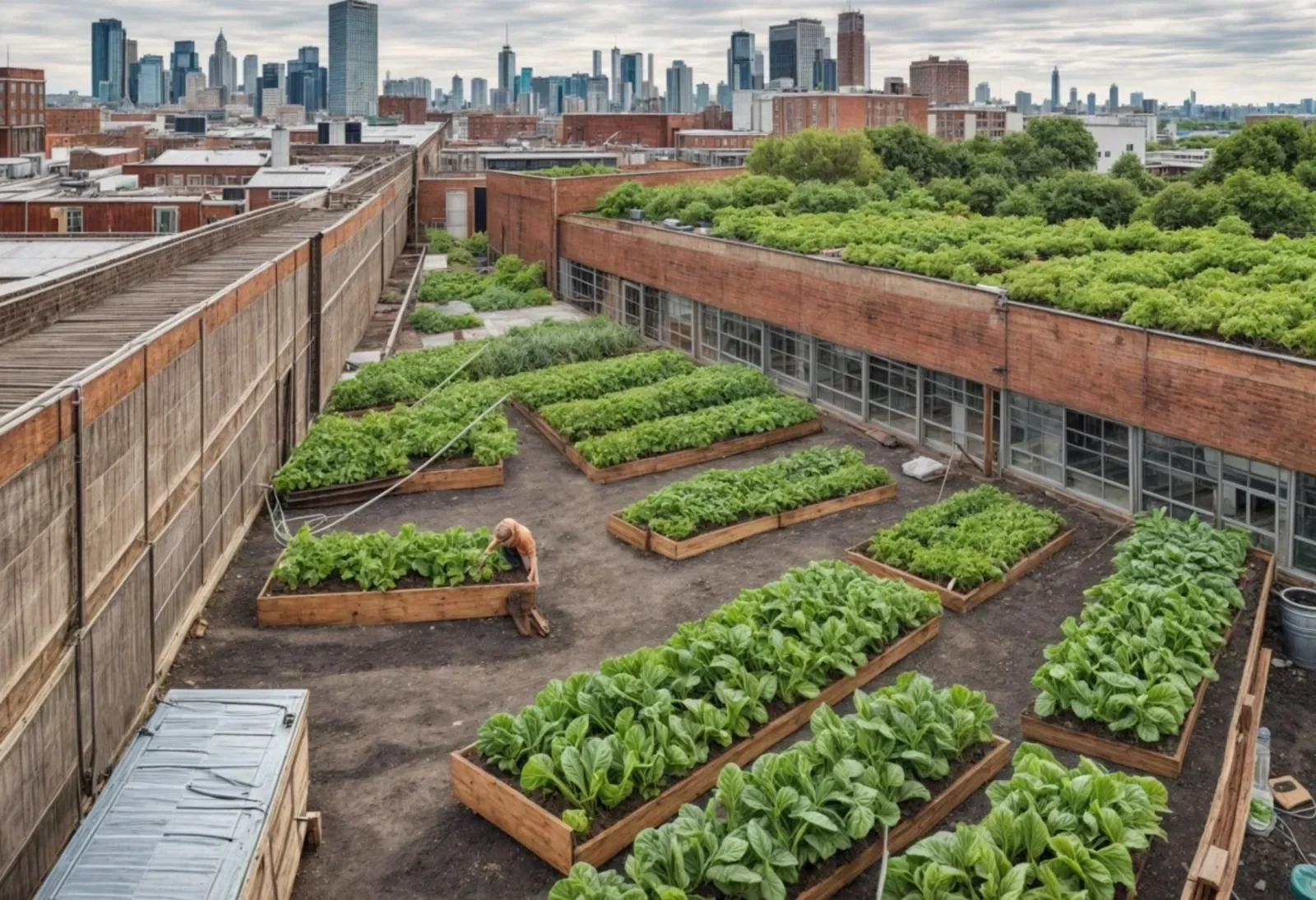 Urban rooftop garden with raised planting beds overlooking a dense city skyline