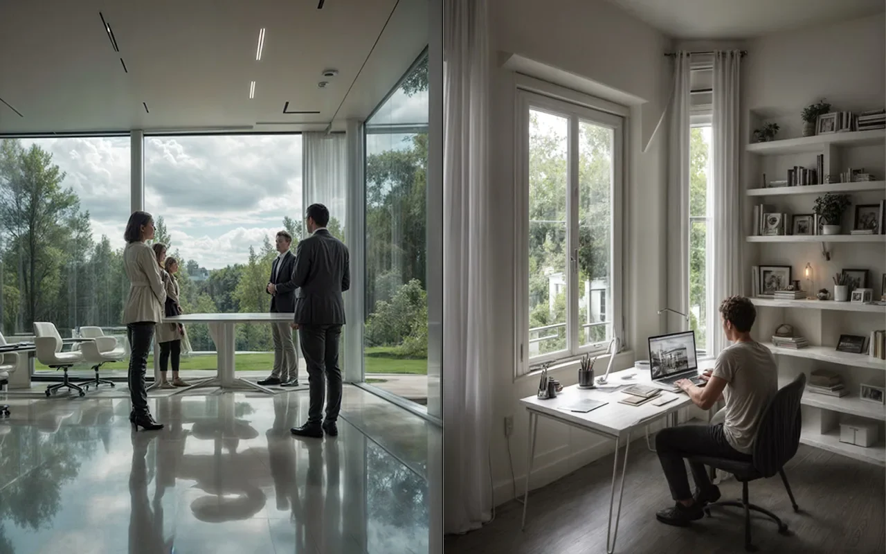 Split image contrasting in-person meeting in a modern glass office with remote work setup in a home workspace