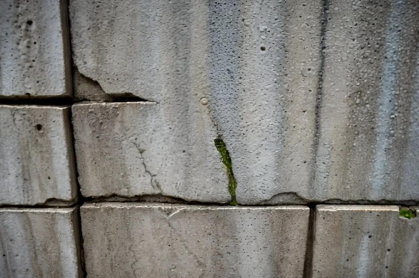 Close-up of cracked concrete blocks with moisture staining and small vegetation growth