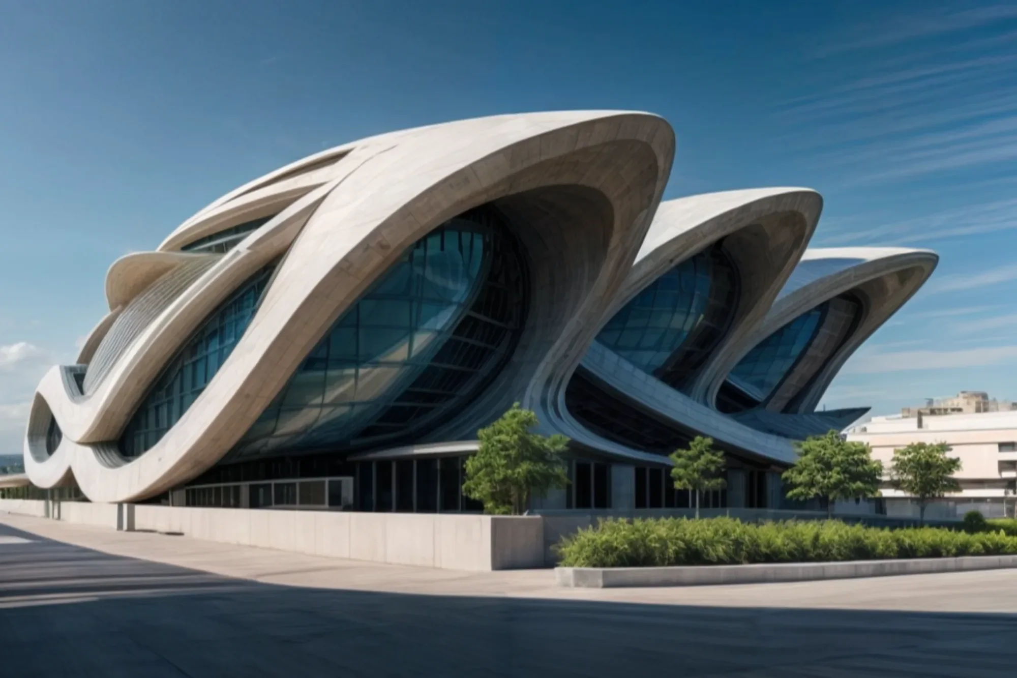 Edificio de hormigon con doble curvatura futurista