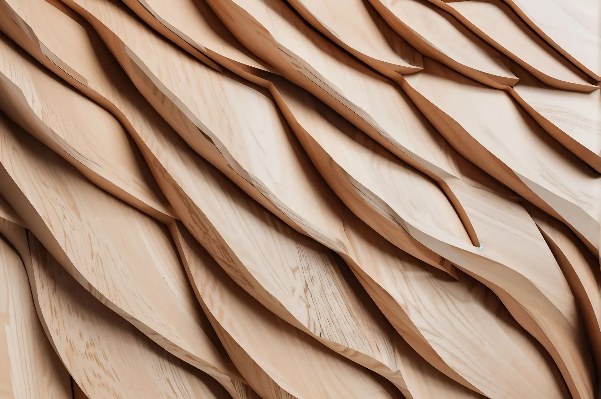 Paneles de madera curvos con textura orgánica en capas