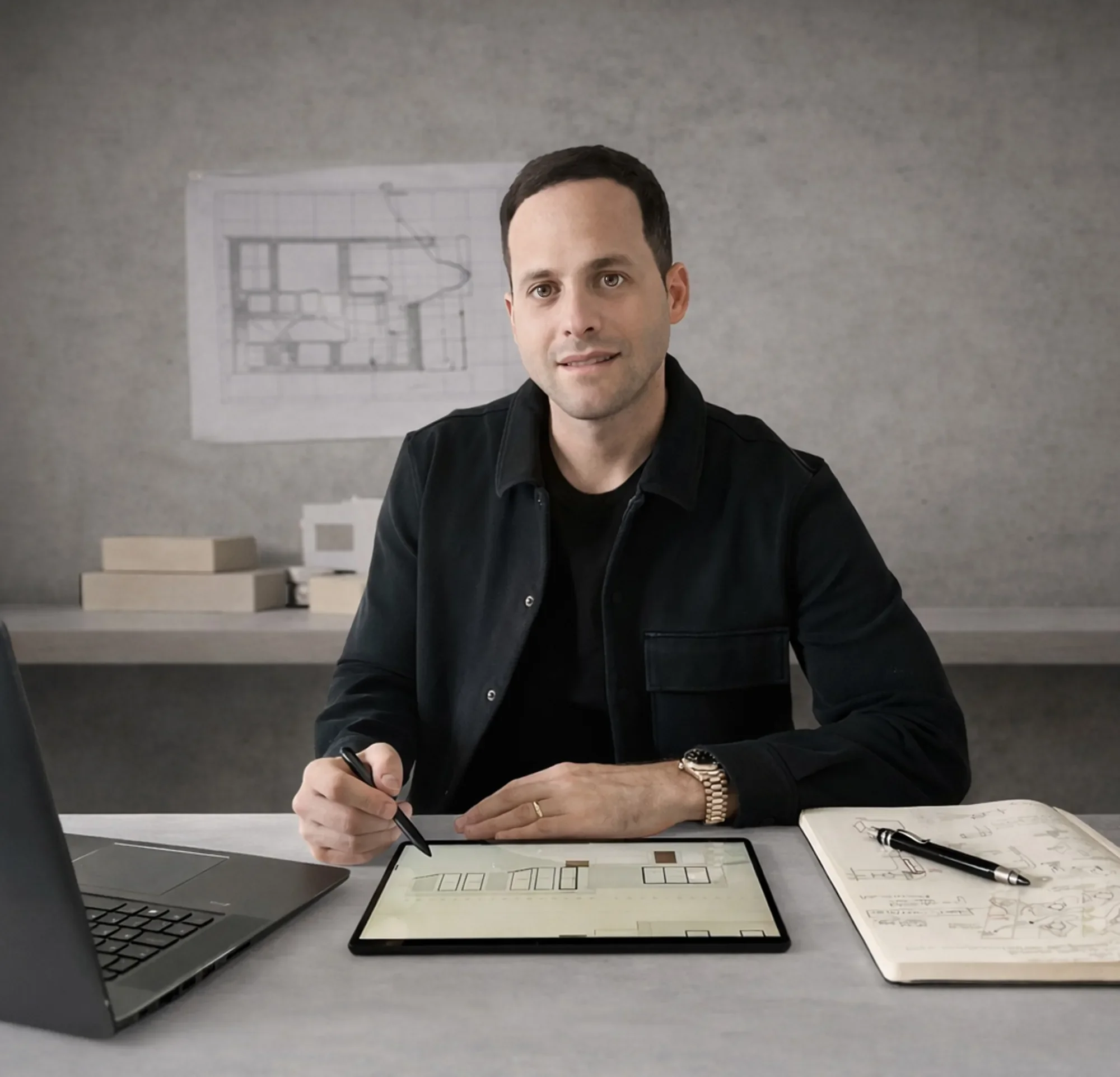 Agustin Vivas, principal and co-founder of VidaStudio, seated at a desk with architectural drawings and models in a minimalist concrete workspace.