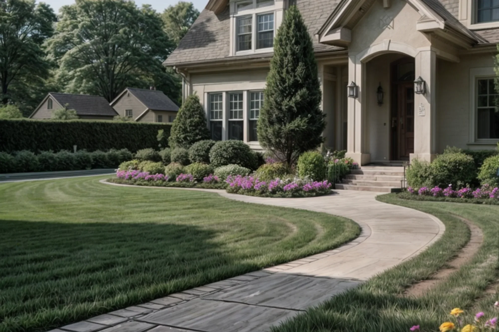 Traditional house exterior with manicured lawn, curved walkway, and layered landscaping with shrubs and flowering plants leading to a covered entry porch