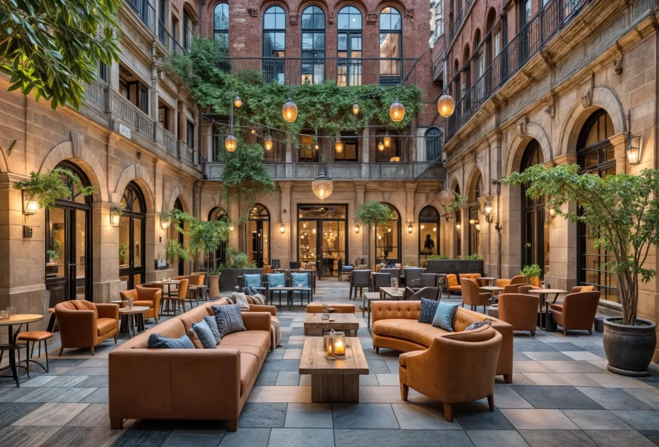 Historic courtyard lounge with leather seating, warm lighting, and greenery climbing brick facades